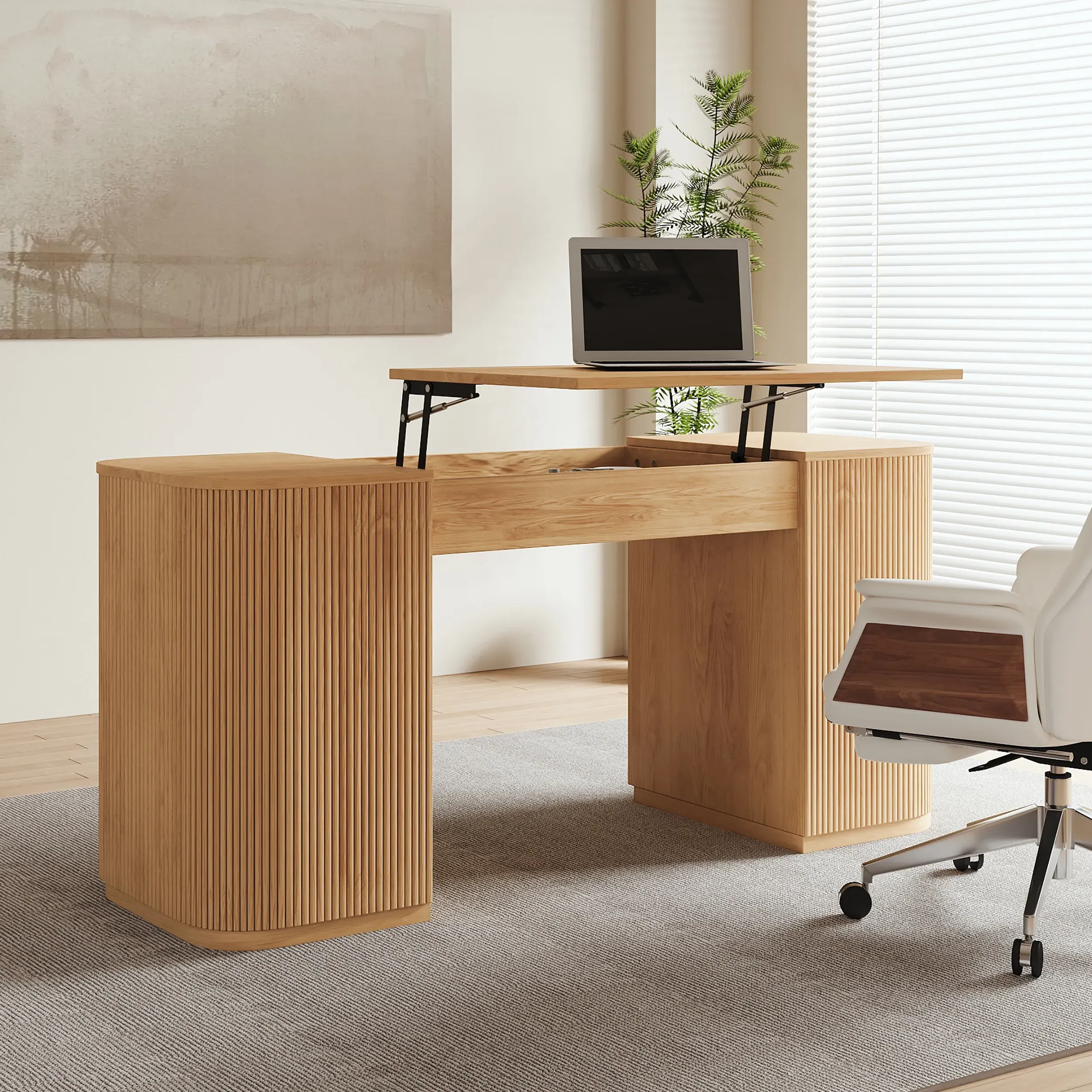 Height Adjustable Executive Desk with Storage - Natural, Ash Wood