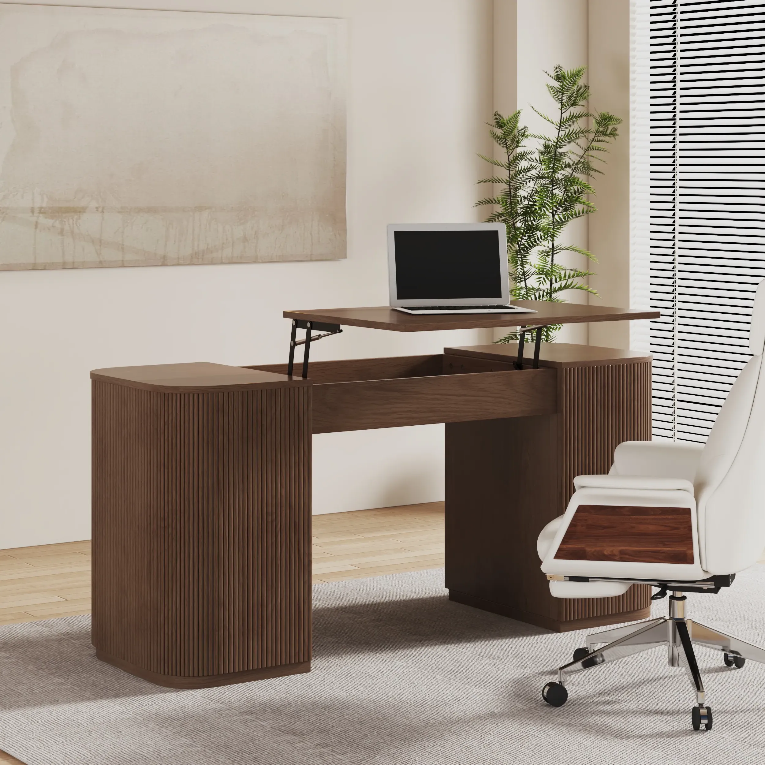 Height Adjustable Executive Desk with Storage - Walnut, Ash Wood
