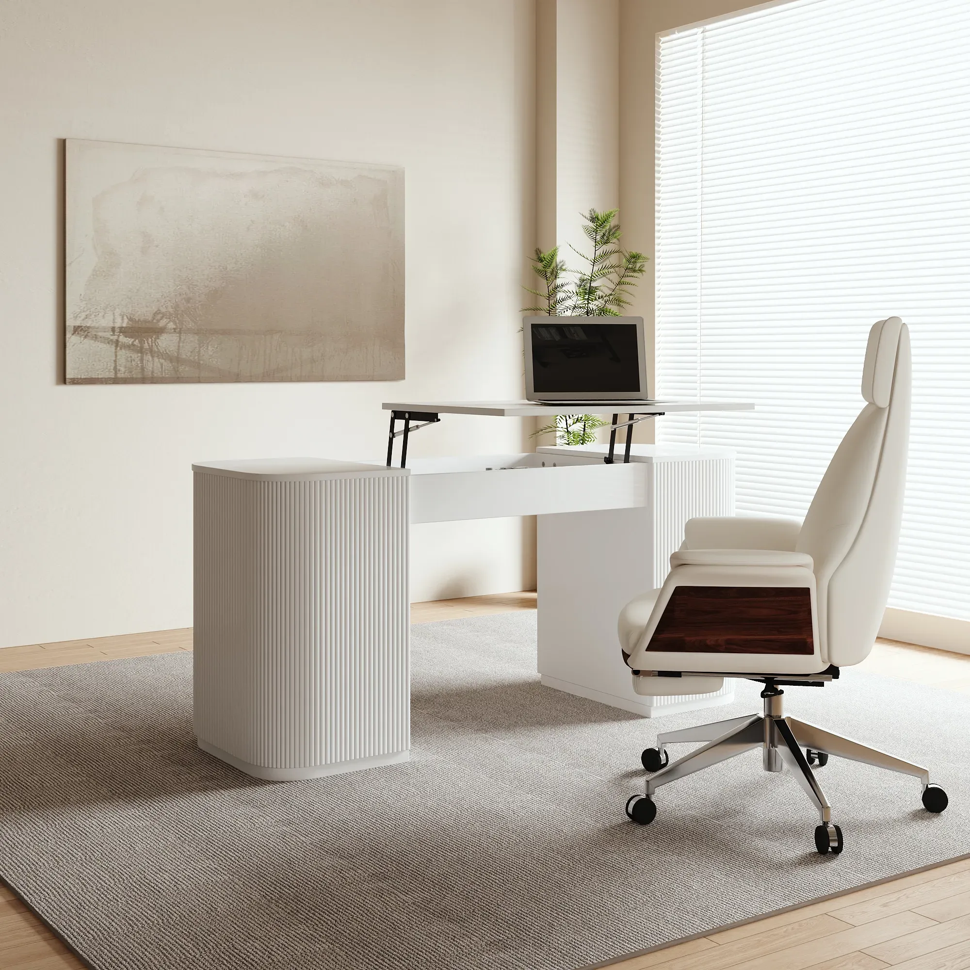 Height Adjustable Executive Desk with Storage - White
