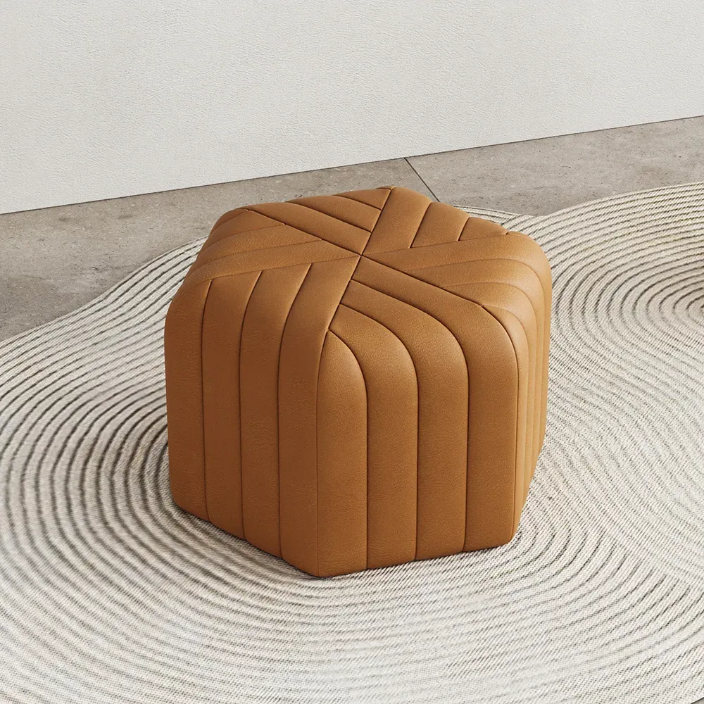 Hexagonal Pouf Ottoman - Brown, PU Leather image