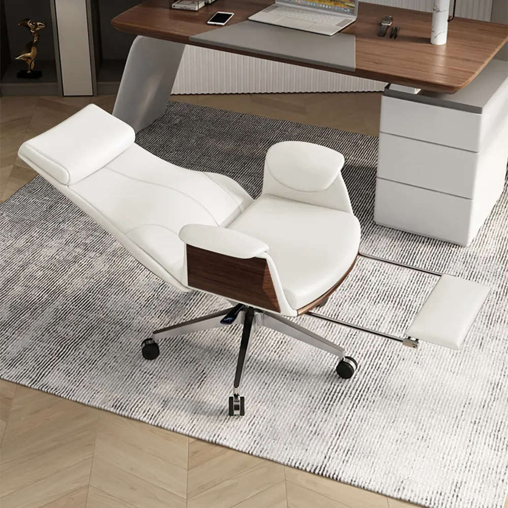 High Back Executive Chair with Footrest - White, Faux Leather