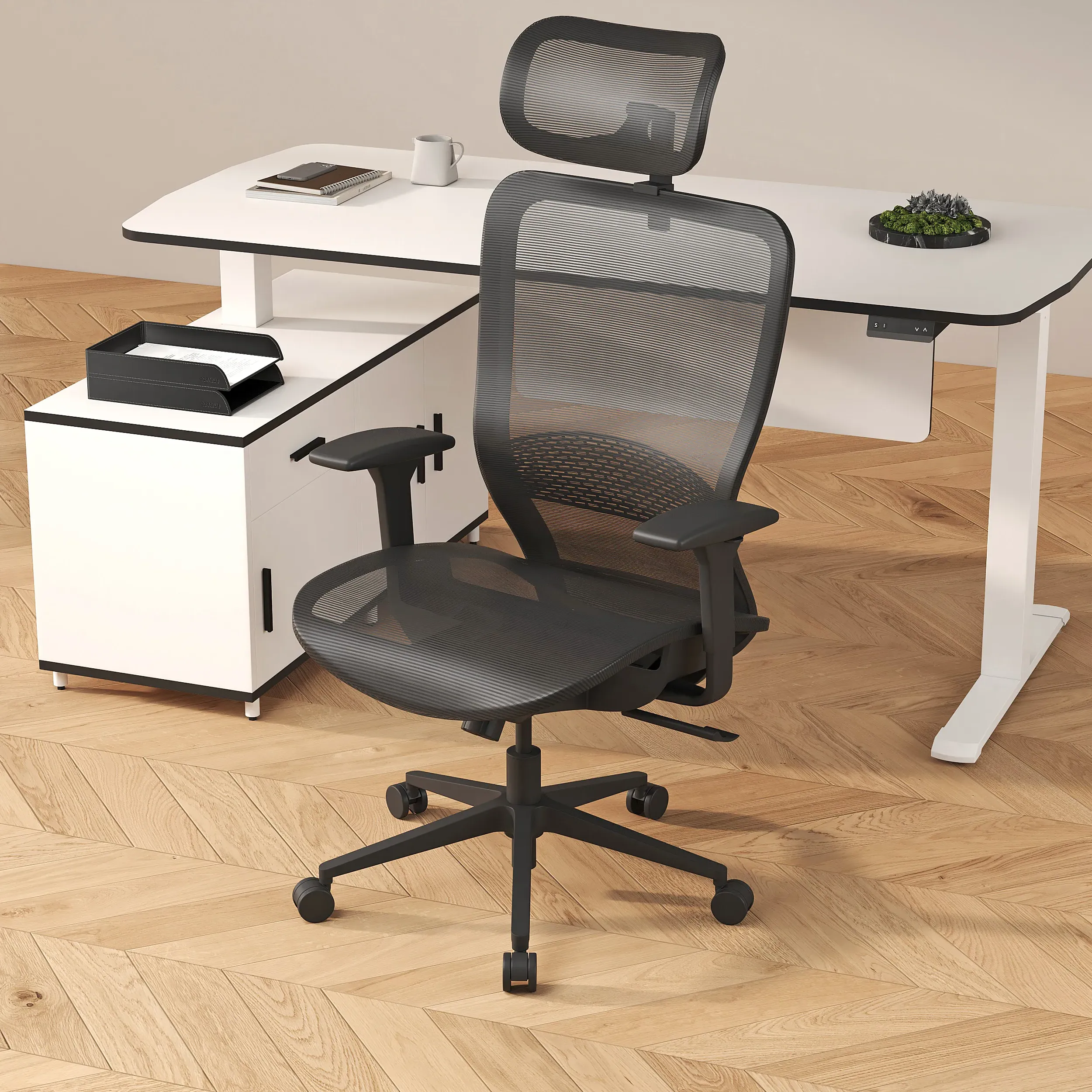 High Back Office Chair with Headrest - Black, Mesh image