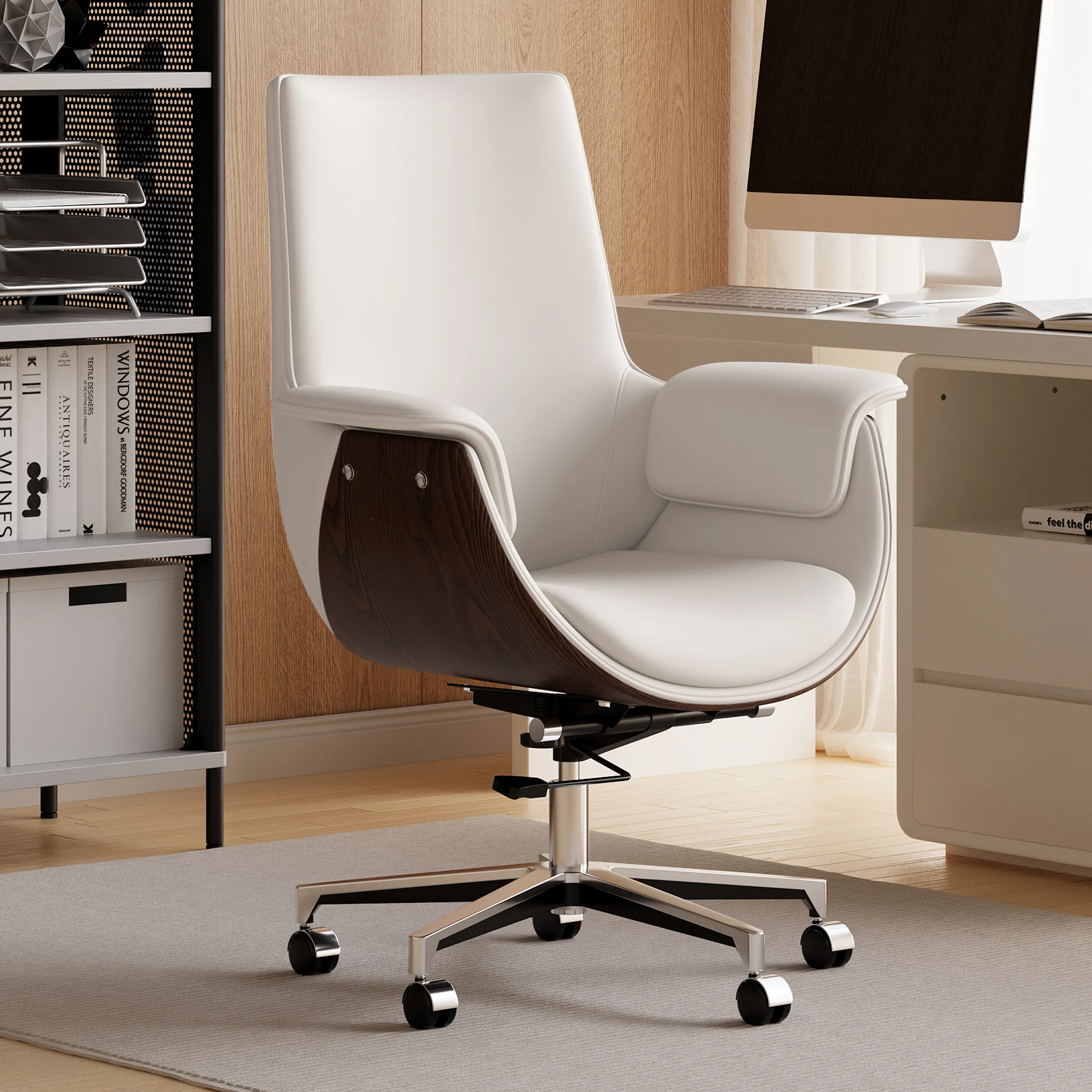 High Back Office Chair with Height Adjustment - White, PU Leather