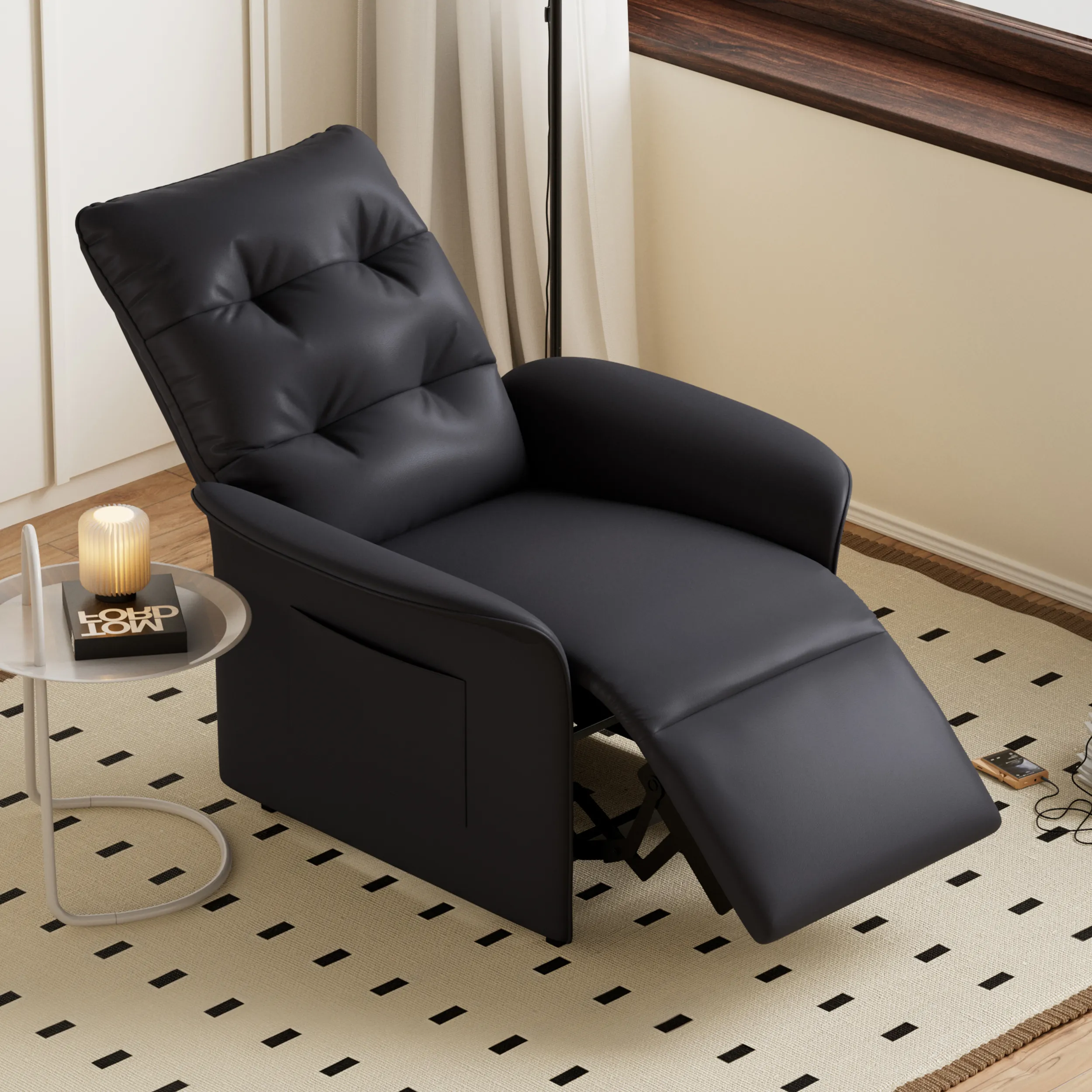 High Back Power Recliner with Side Pocket - Black, Faux Leather image