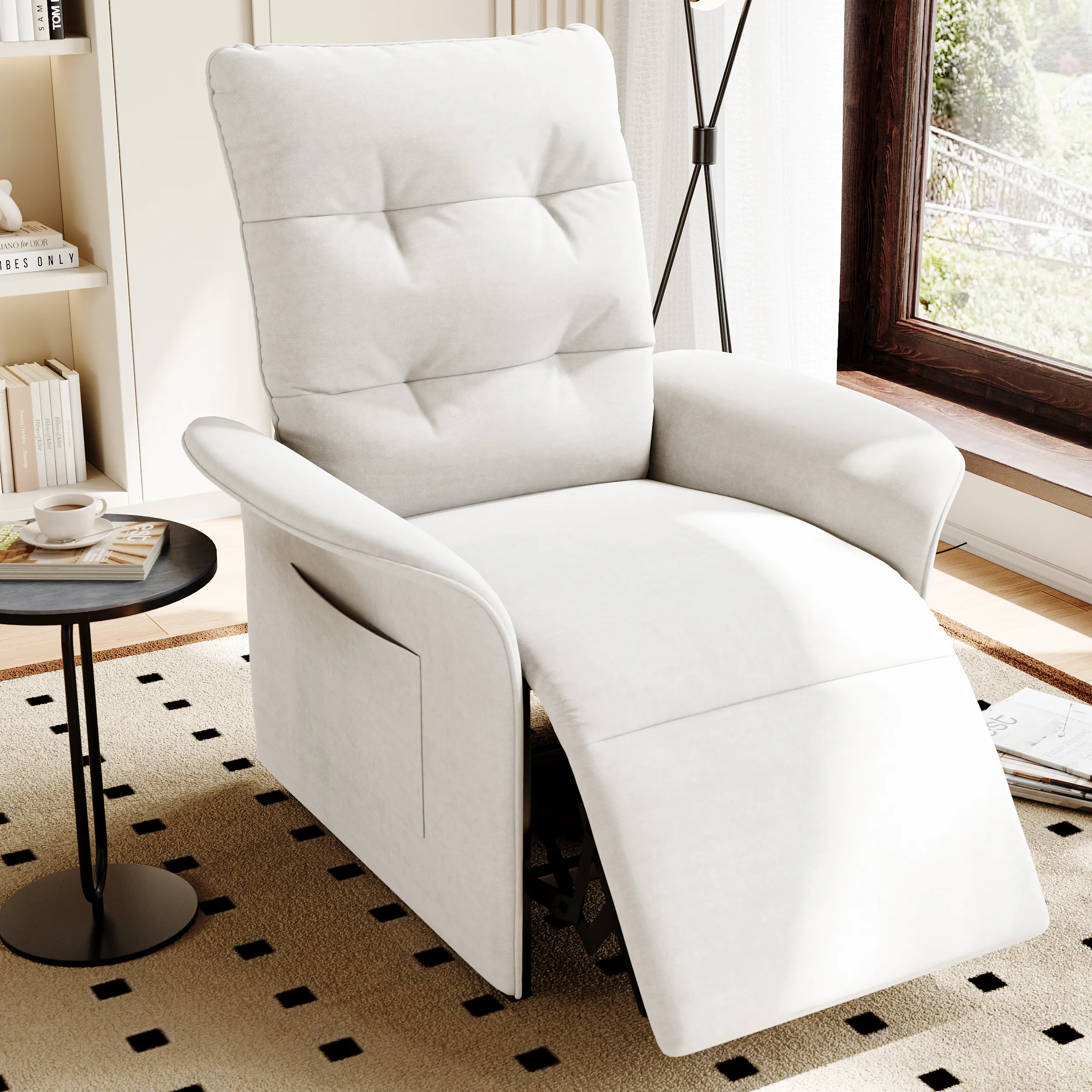 High Back Power Recliner with Side Pocket - White, Velvet image