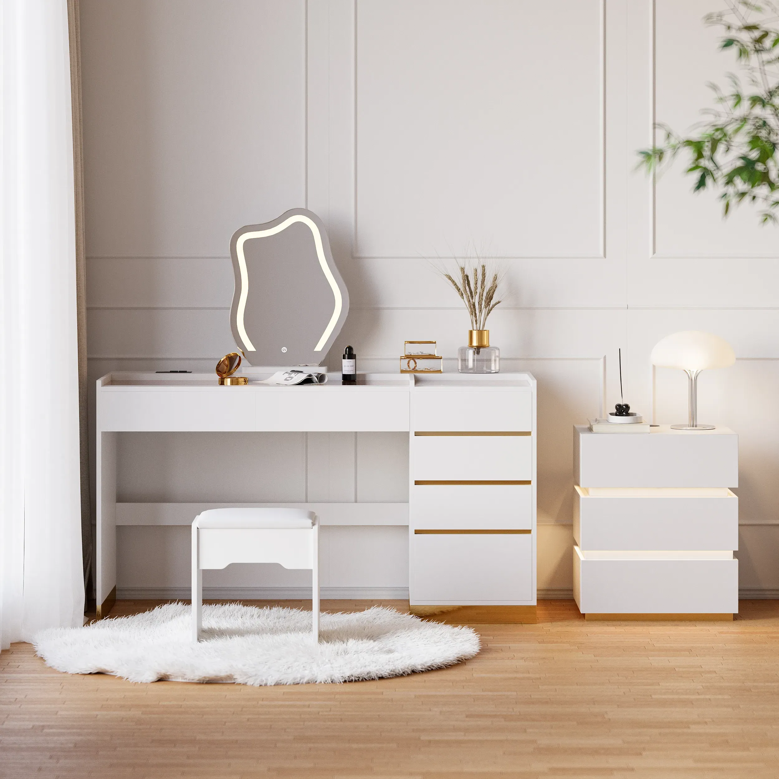 Homary 3-Drawer LED Nightstand & Vanity Set - White, MDF