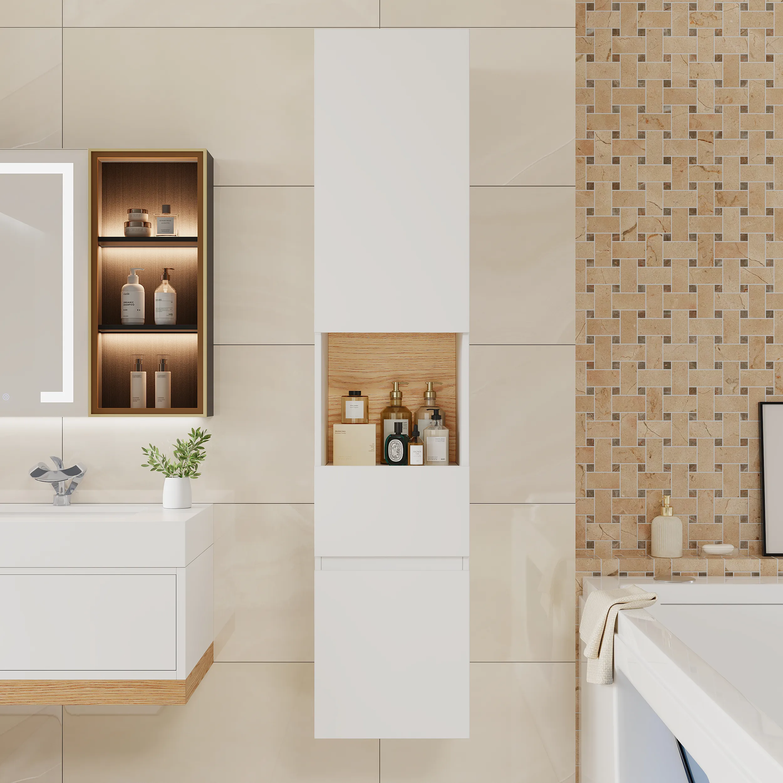 Homary Bathroom Cabinet with Drawers - White, Natural Wood image