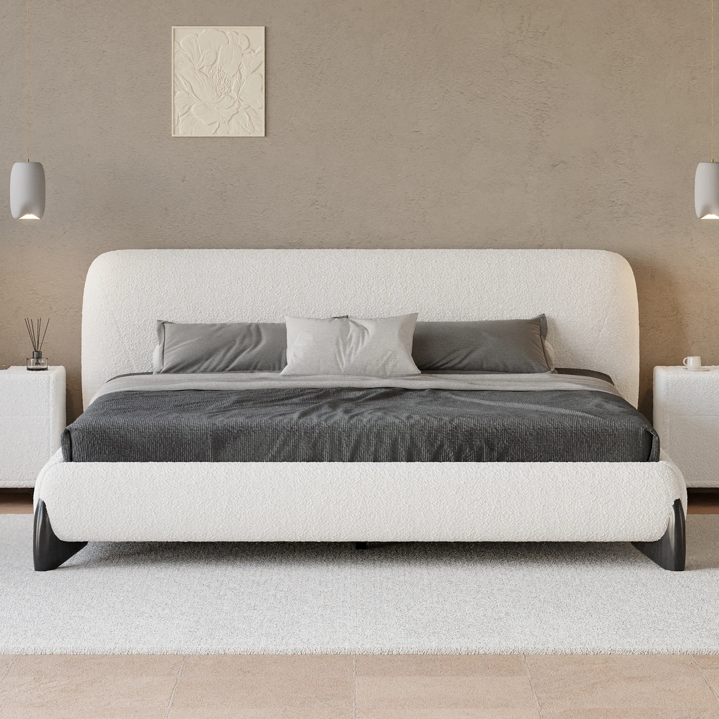 Homary King Size Platform Bed Frame with Headboard - White, Boucle