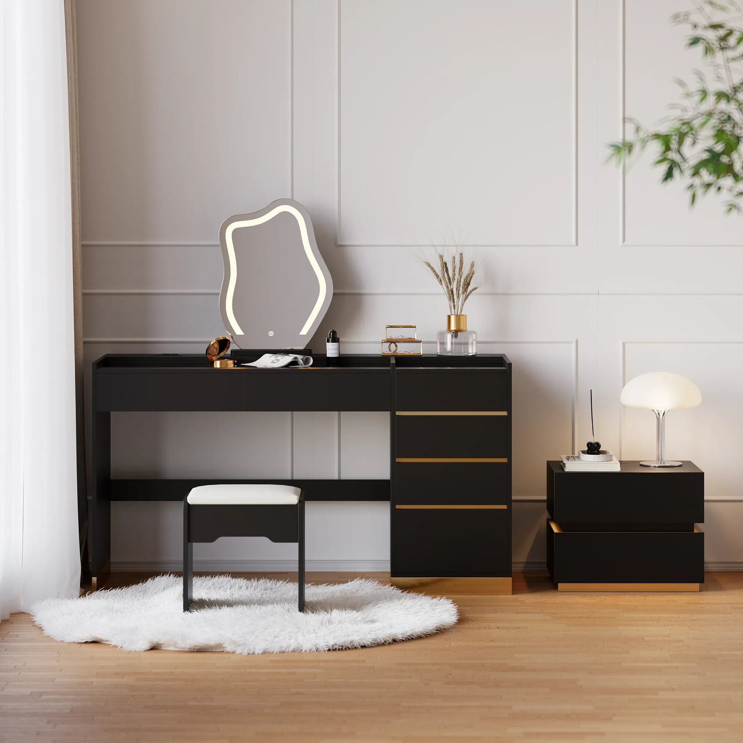 Homary LED Nightstand & Vanity Set with Mirror - Black, MDF