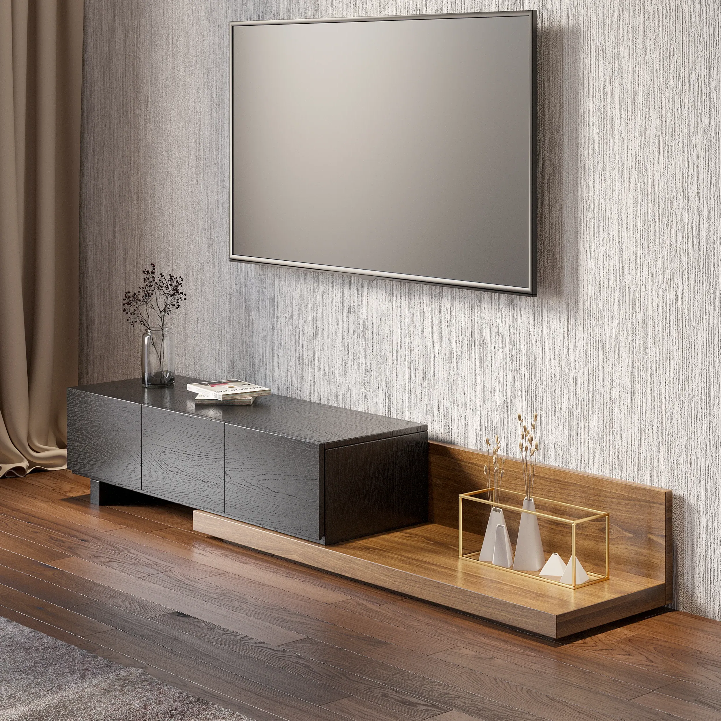 Homary Rectangle Extendable TV Stand with 3 Drawers - Black, Walnut