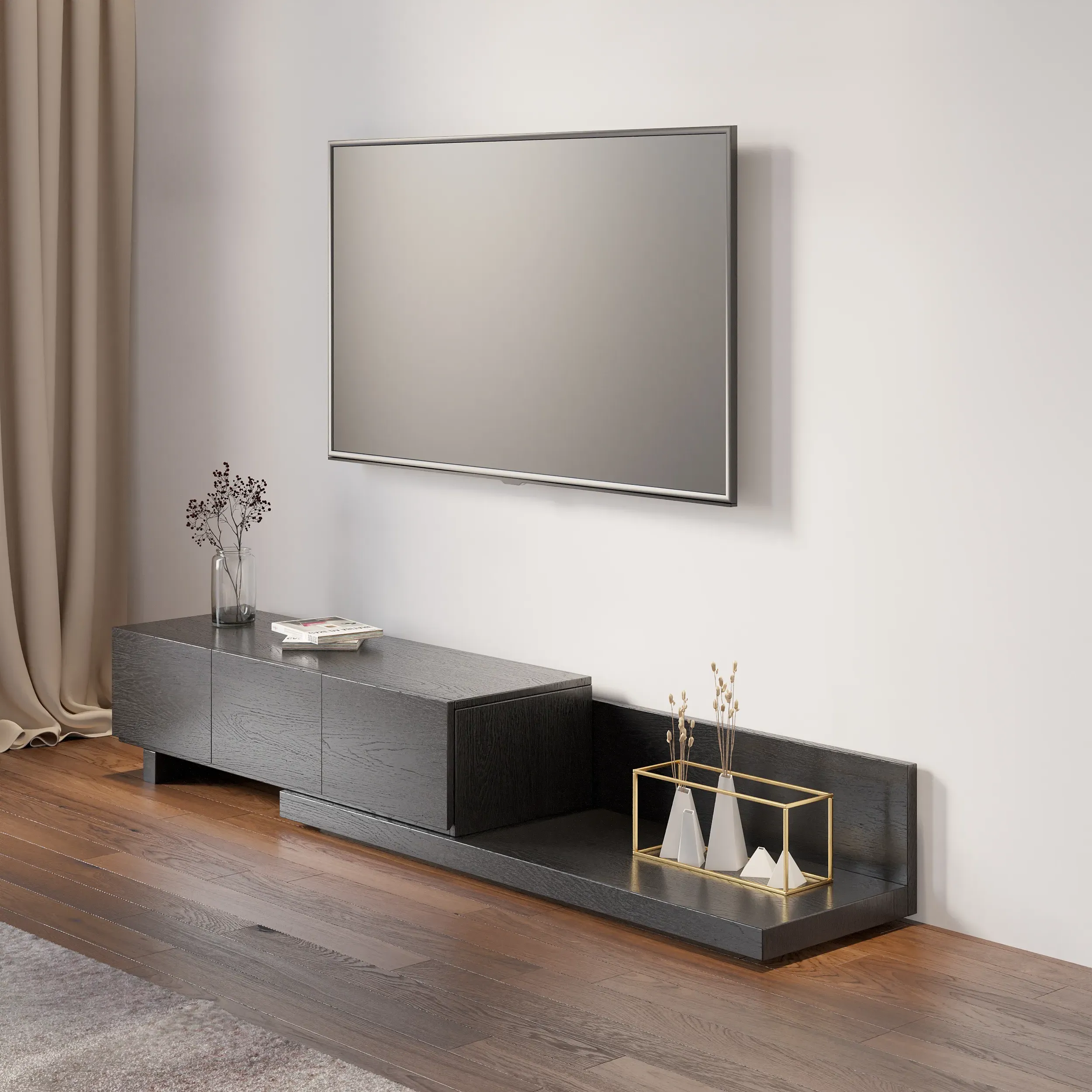 Homary Rectangle Extendable TV Stand with 3 Drawers - Black image