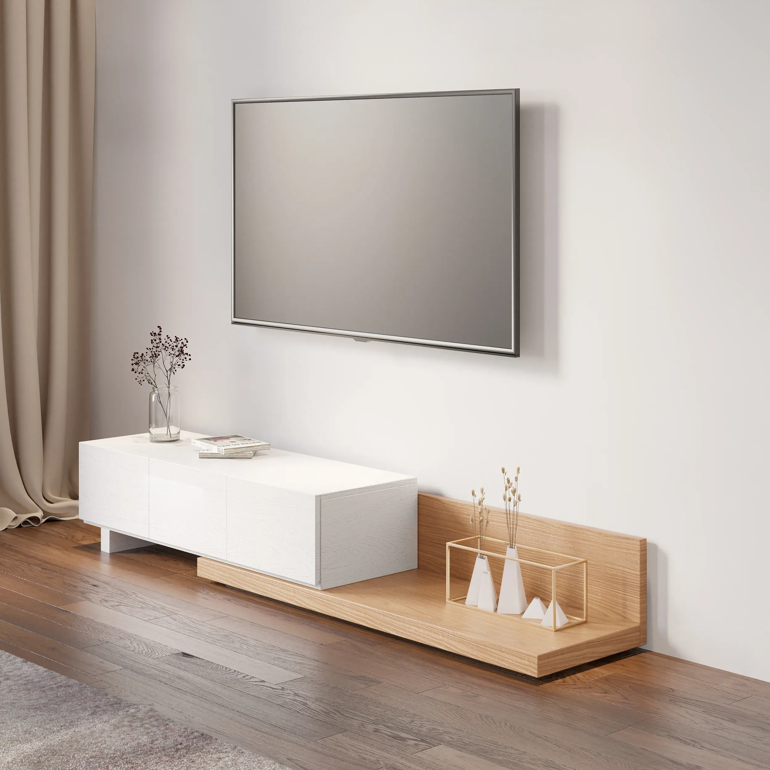 Homary Rectangle Extendable TV Stand with 3 Drawers - Natural, White