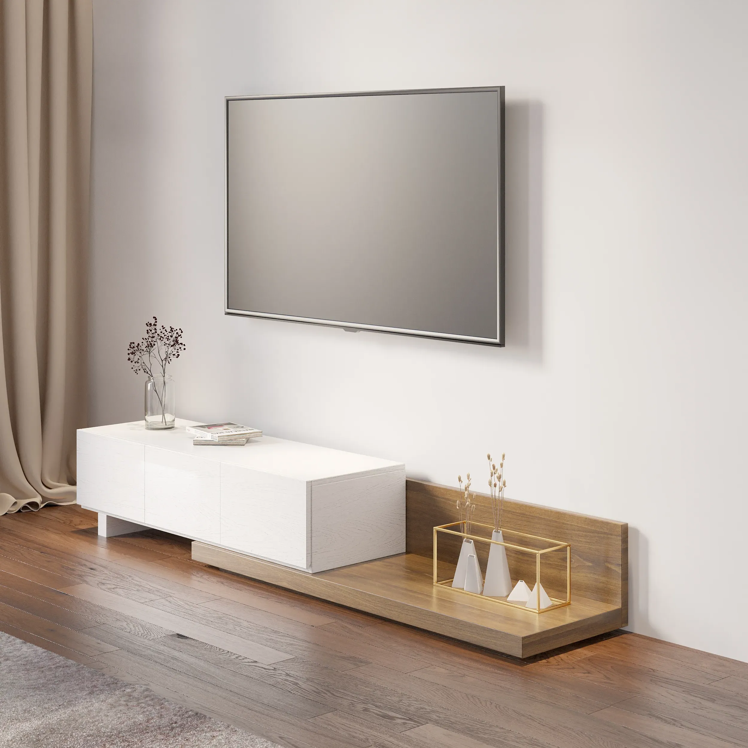 Homary Rectangle Extendable TV Stand with 3 Drawers - White, Walnut