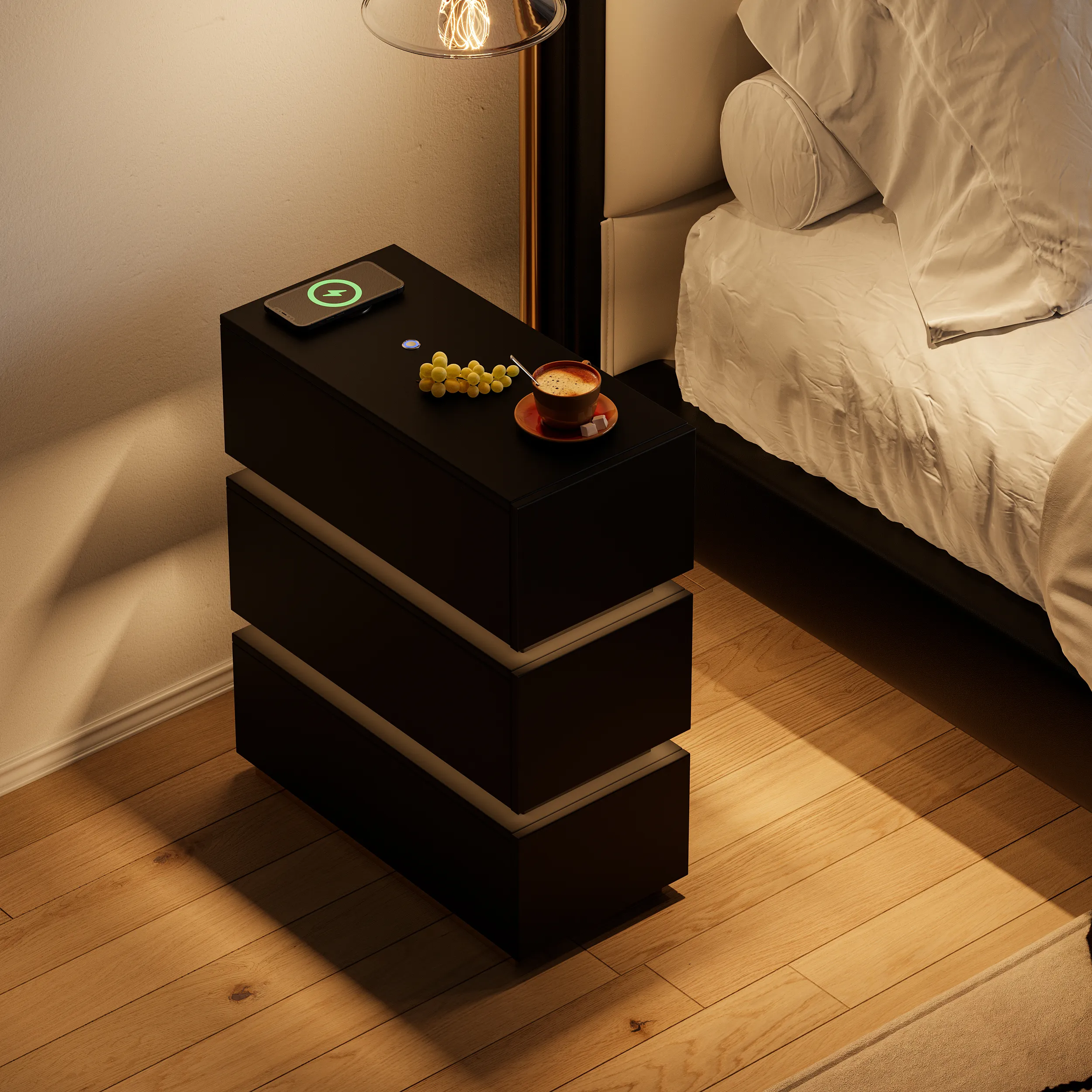 Homary Smart LED 3 Drawer Nightstand with Wireless Charging - Black