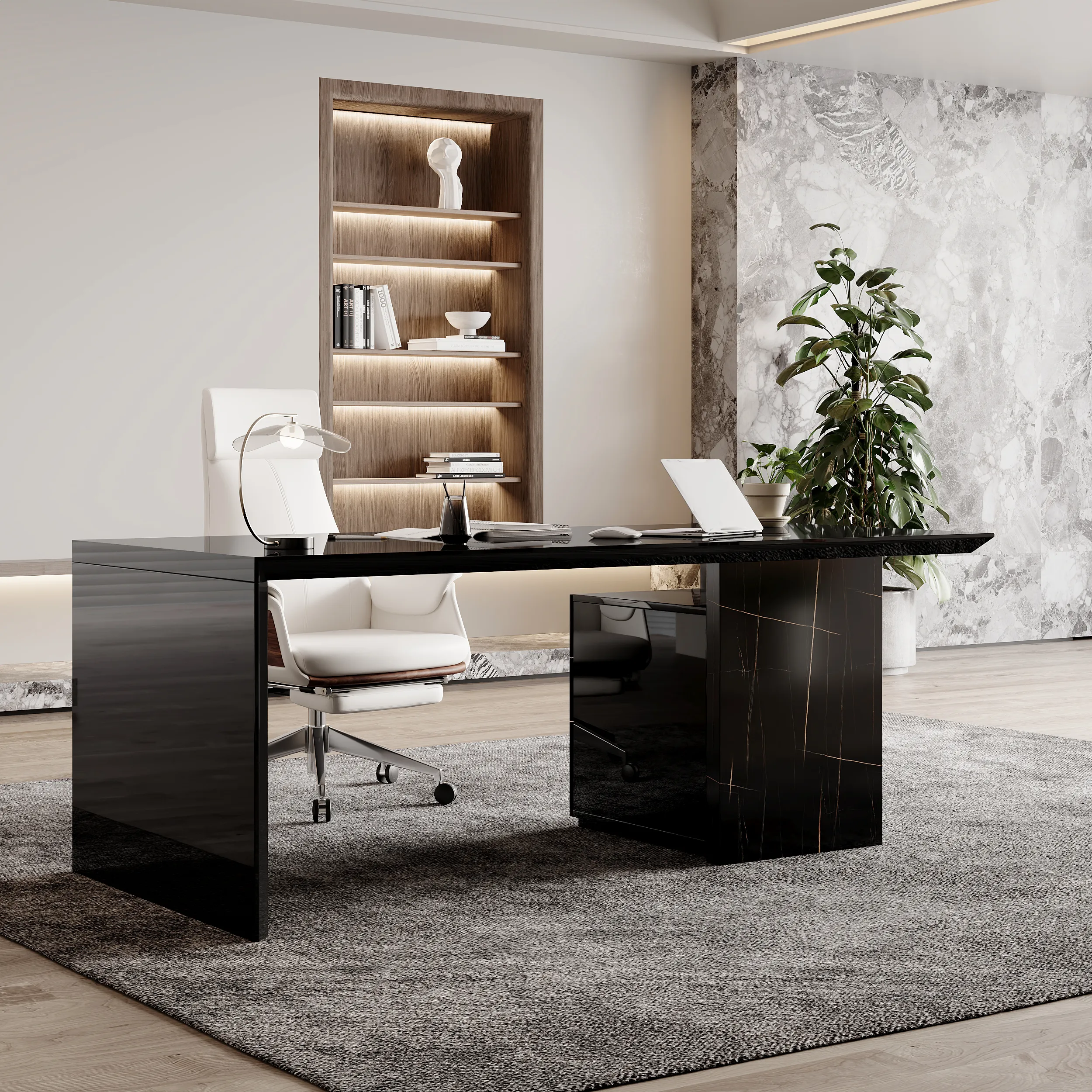 Home Office Desk with Movable File Cabinet - Black, Walnut