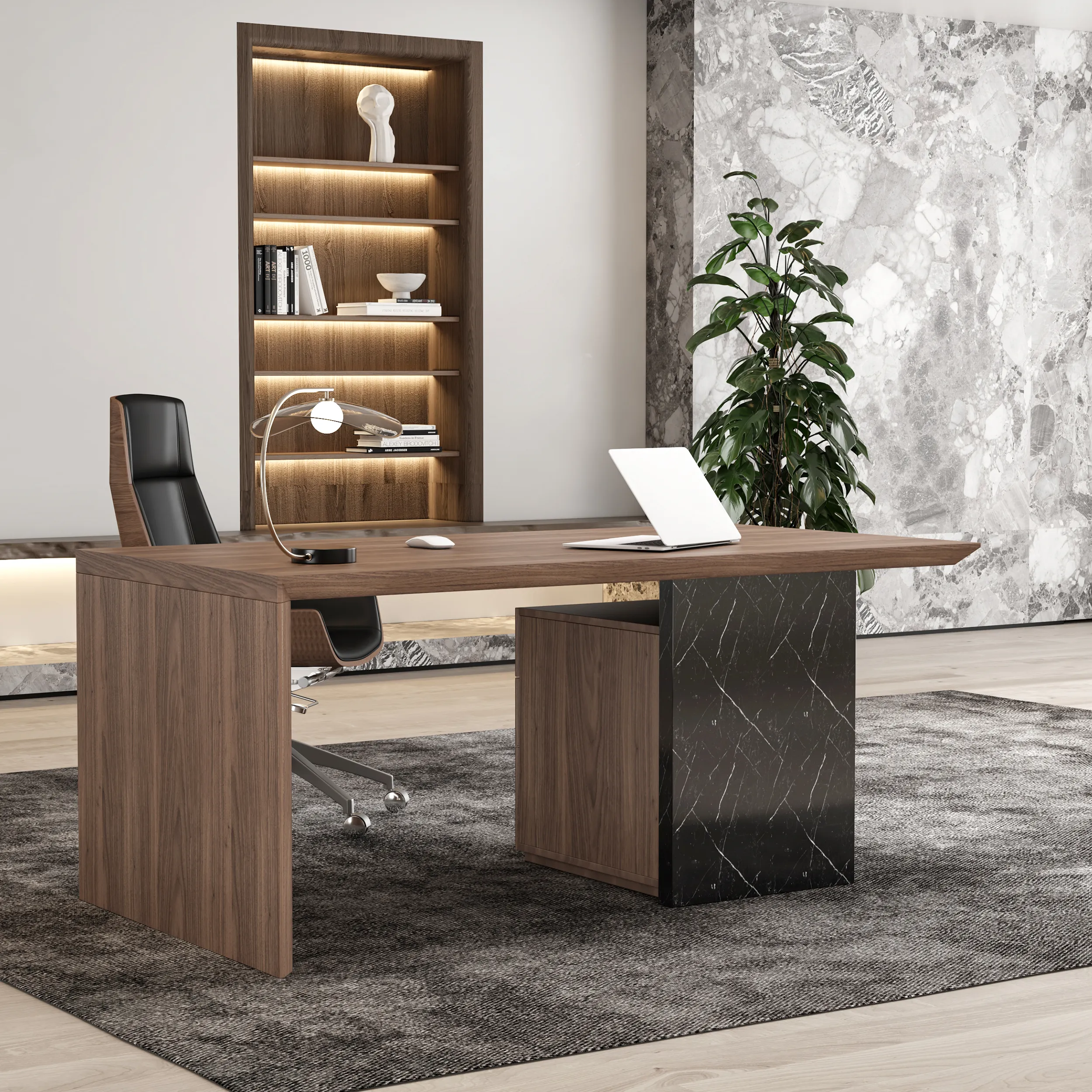 Home Office Desk with Movable File Cabinet - Black, Walnut image