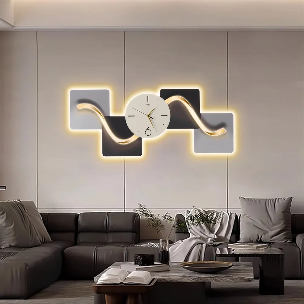 Horizontal Geometric Wall Clock with LED Light - Acrylic, MDF