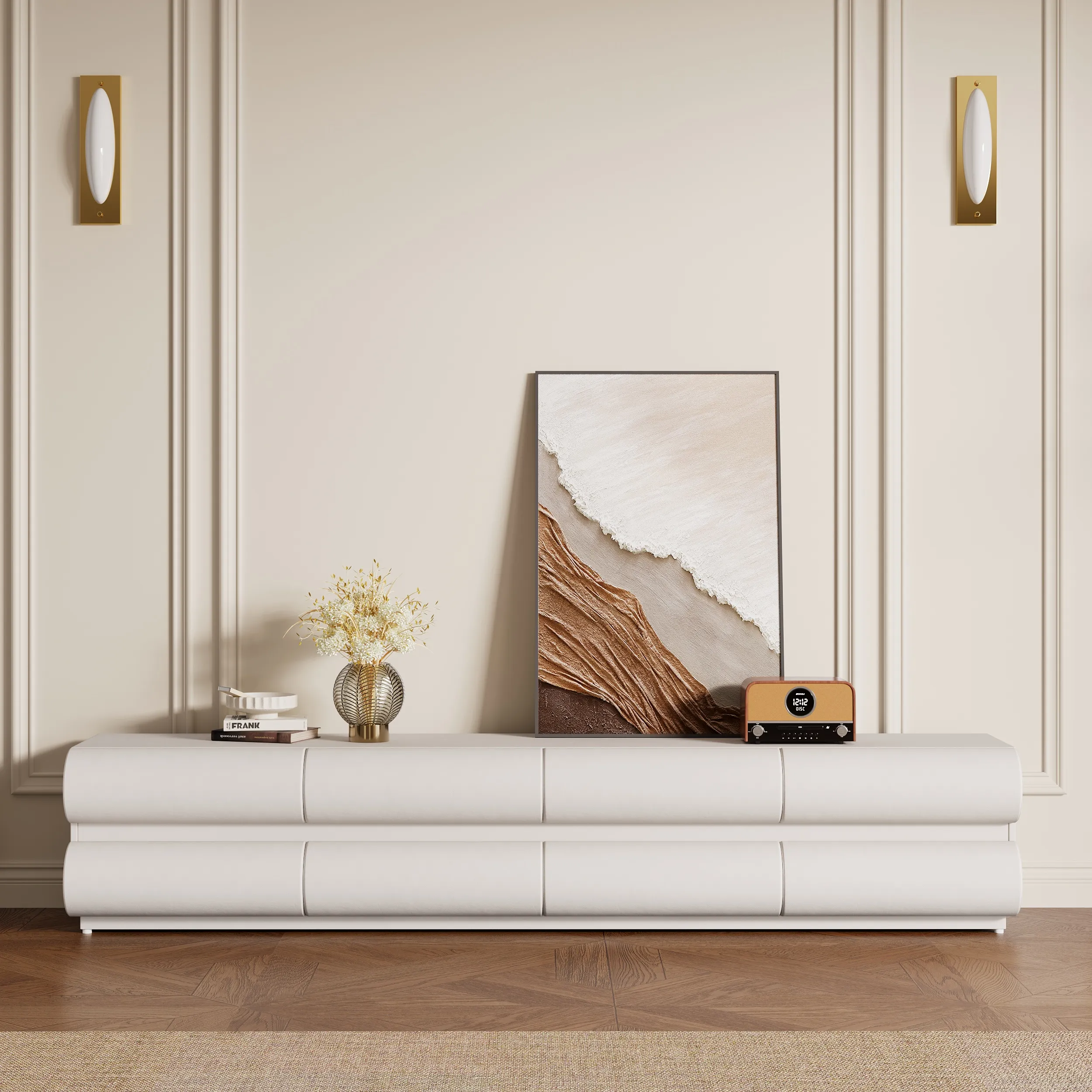 Humply TV Stand with 8 Drawers - White, Faux Leather image