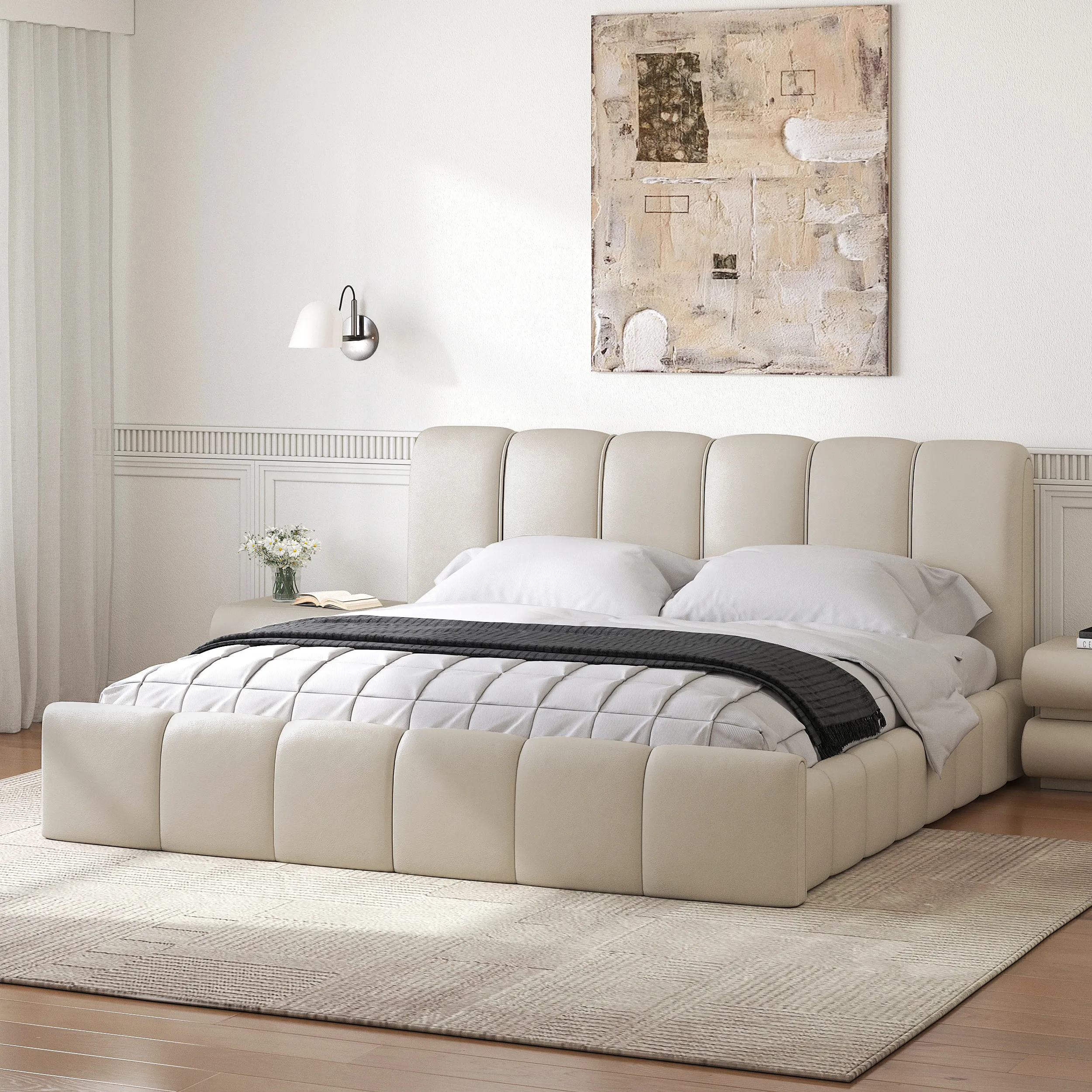 Humply Wingback King Bed Frame - PU Leather