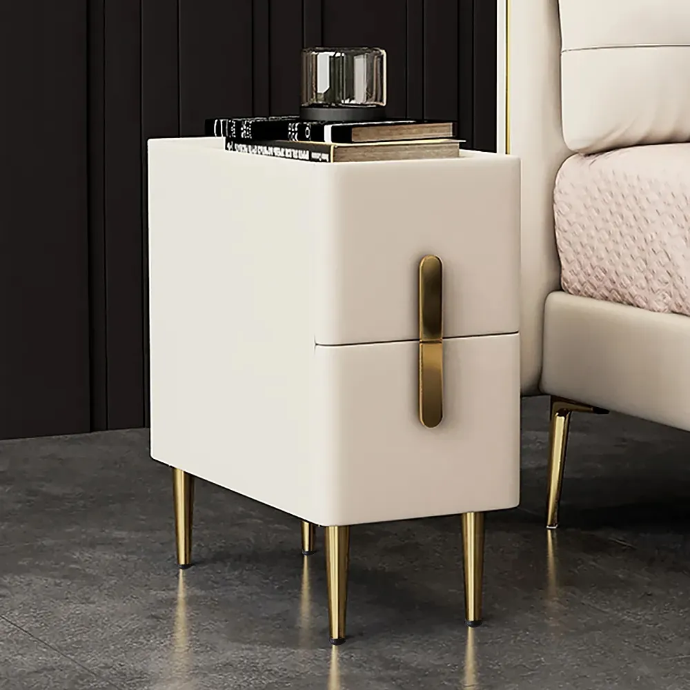 Inarrow Nightstand with 2 Drawers - Beige, PU Leather image
