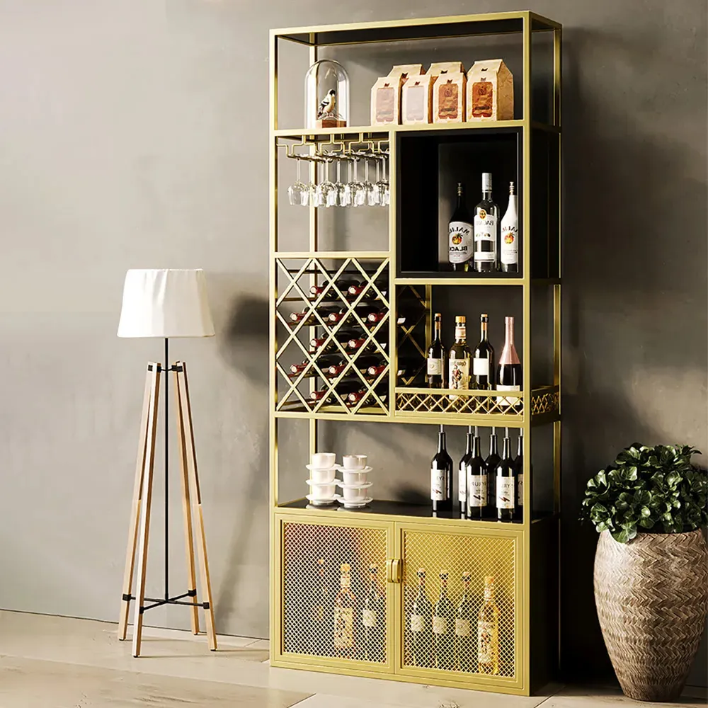 Industrial 5-Tier Wine Rack with Glass Holder - Gold, Metal image