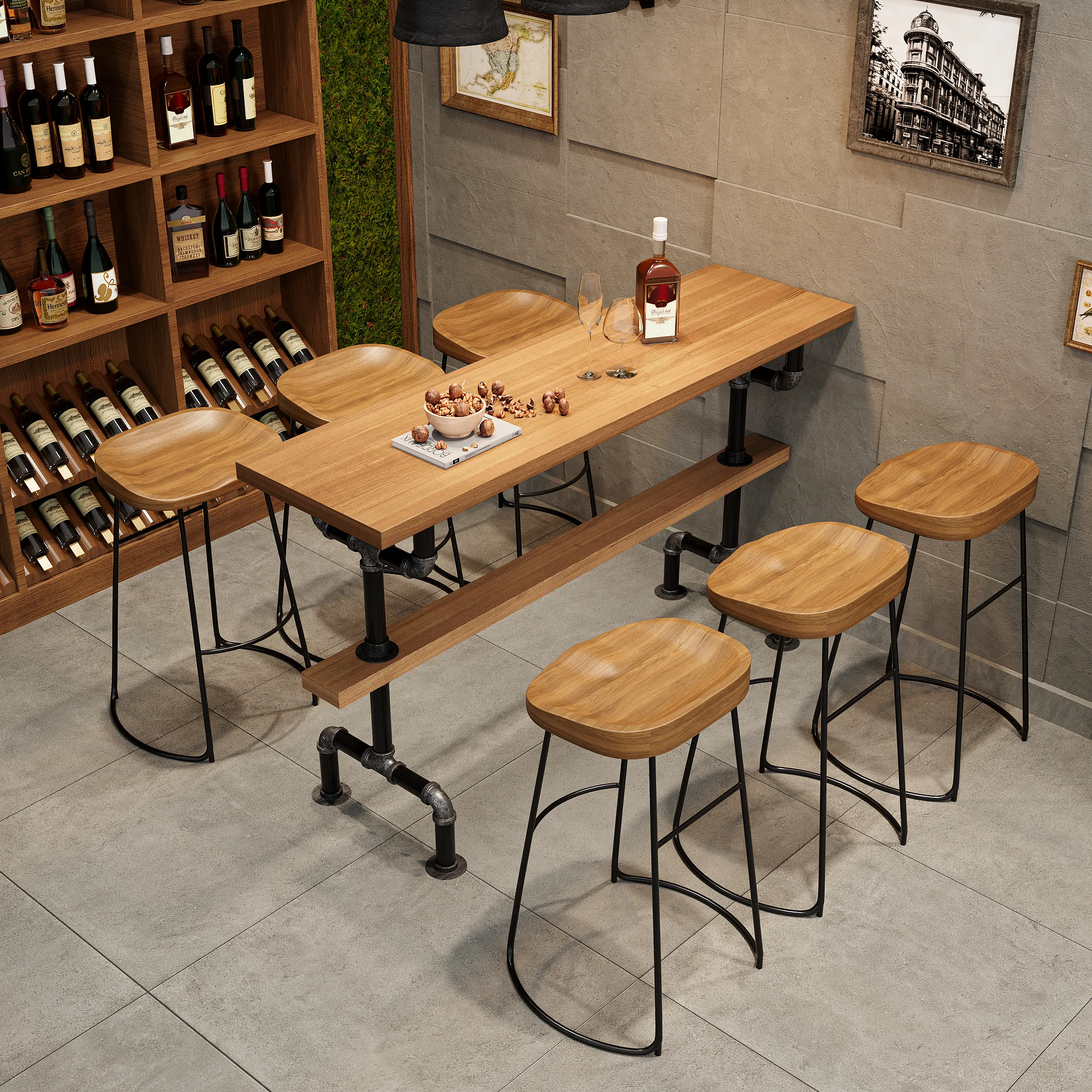 Industrial Bar Table Set with 6 Stools - Natural image