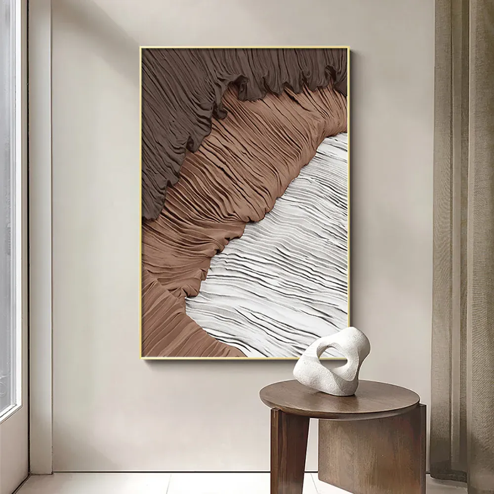 Japandi Abstract Canvas Wall Art Print Framed - White & Brown image