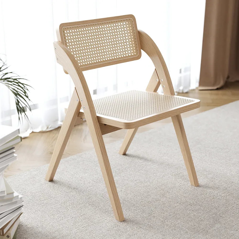 Japandi Folding Dining Chairs Set of 4 - Natural, Rattan