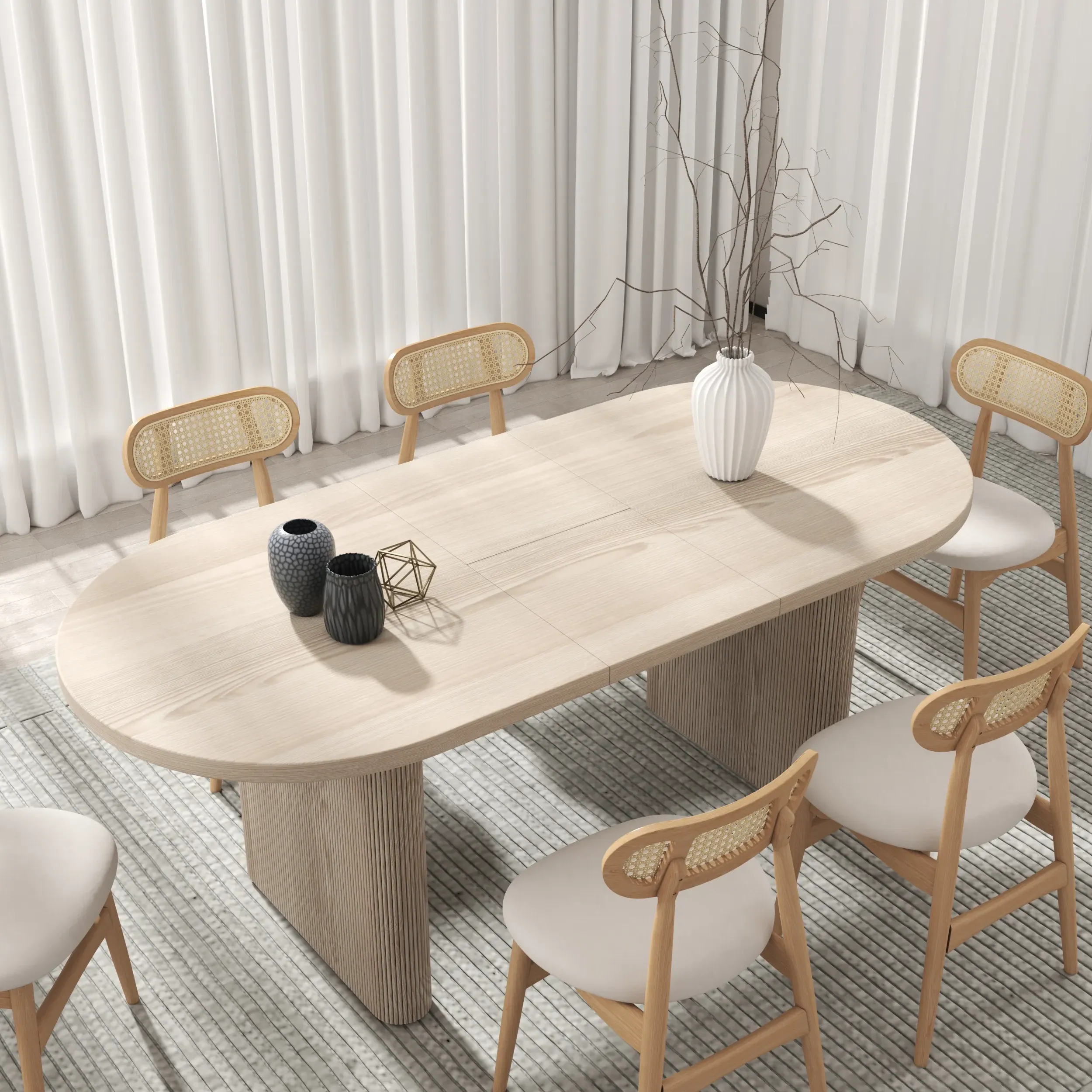 Japandi Oval Extendable Dining Set with 6 Chairs - Whitewash