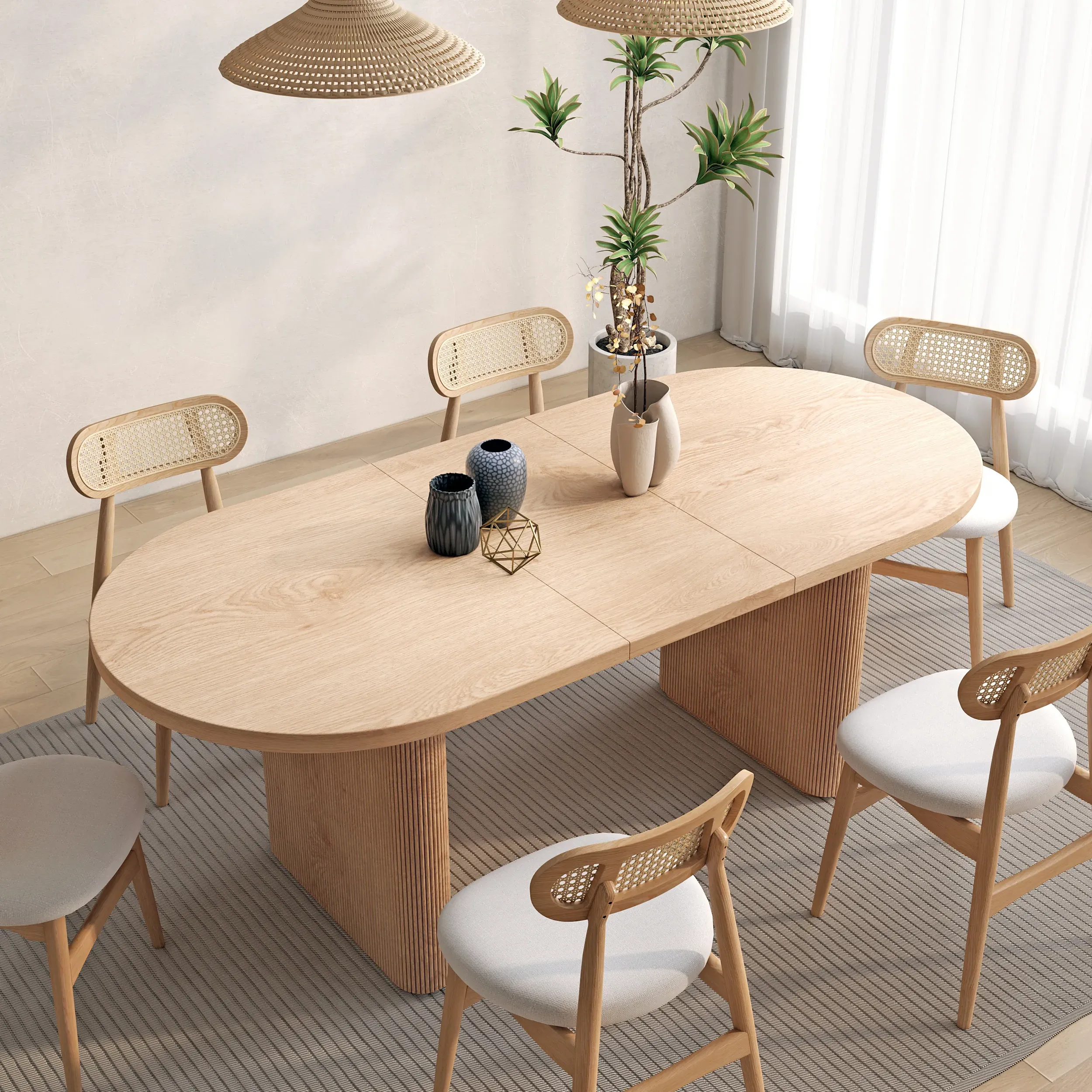 Japandi Oval Extendable Dining Table with Butterfly Leaf - Whitewash