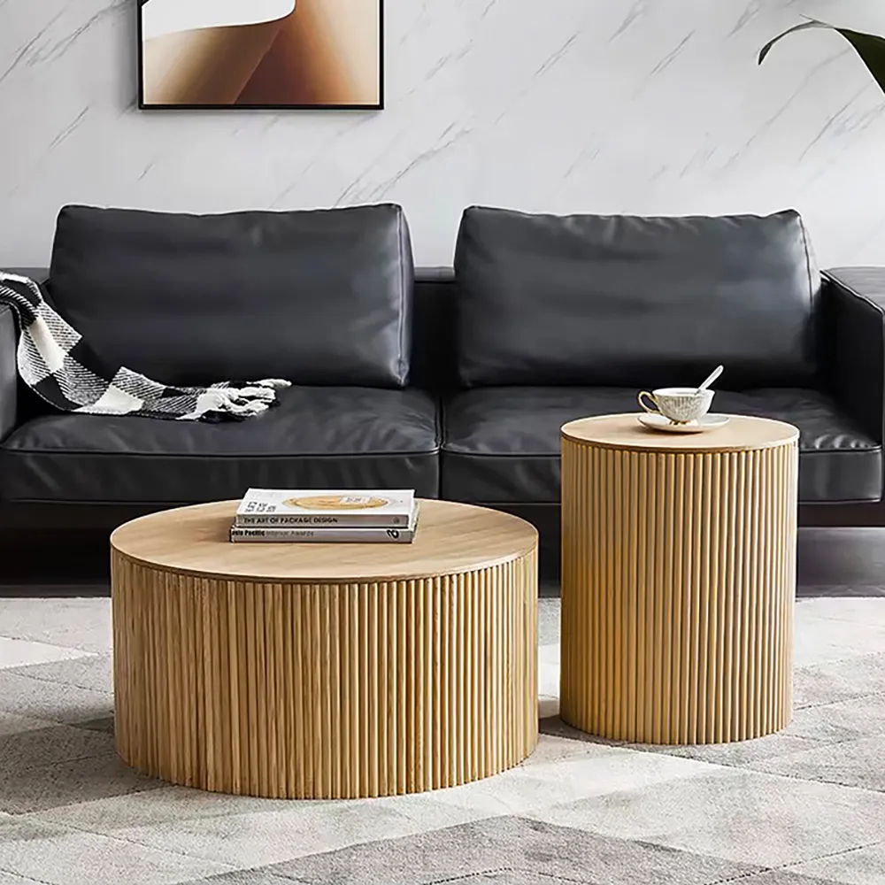Japandi Round Coffee Table Set with Storage - Natural