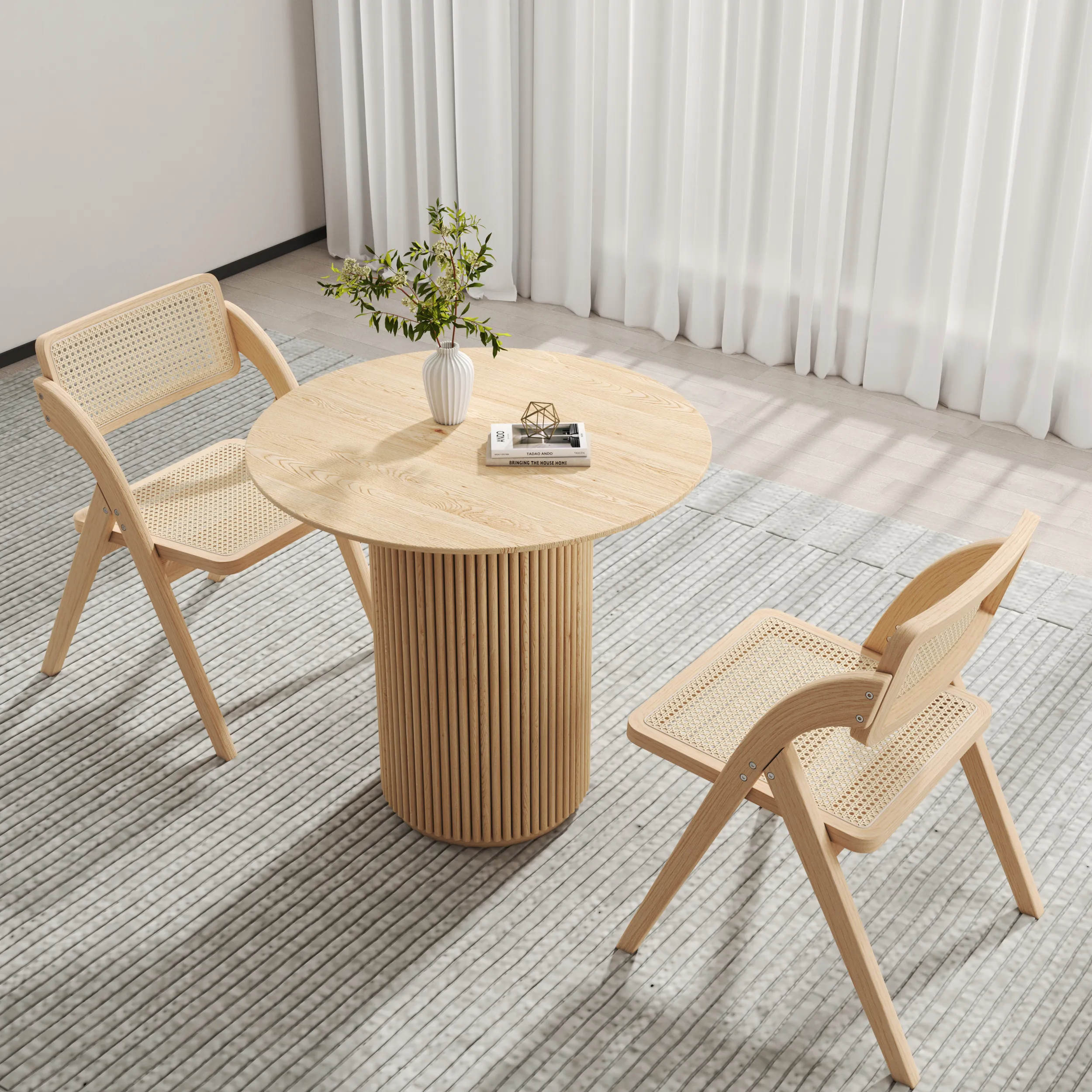 Japandi Round Dining Table Set with 2 Chairs - Natural, Wood image