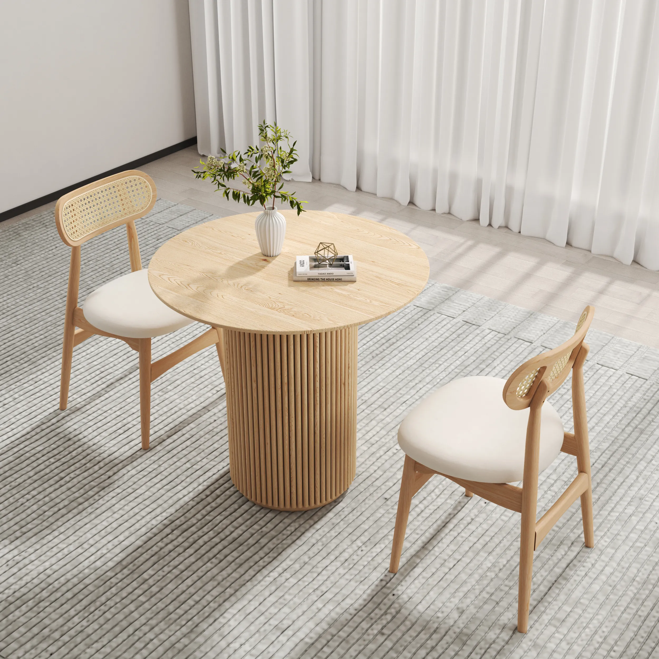 Japandi Round Dining Table Set with 2 Chairs - Natural Wood image