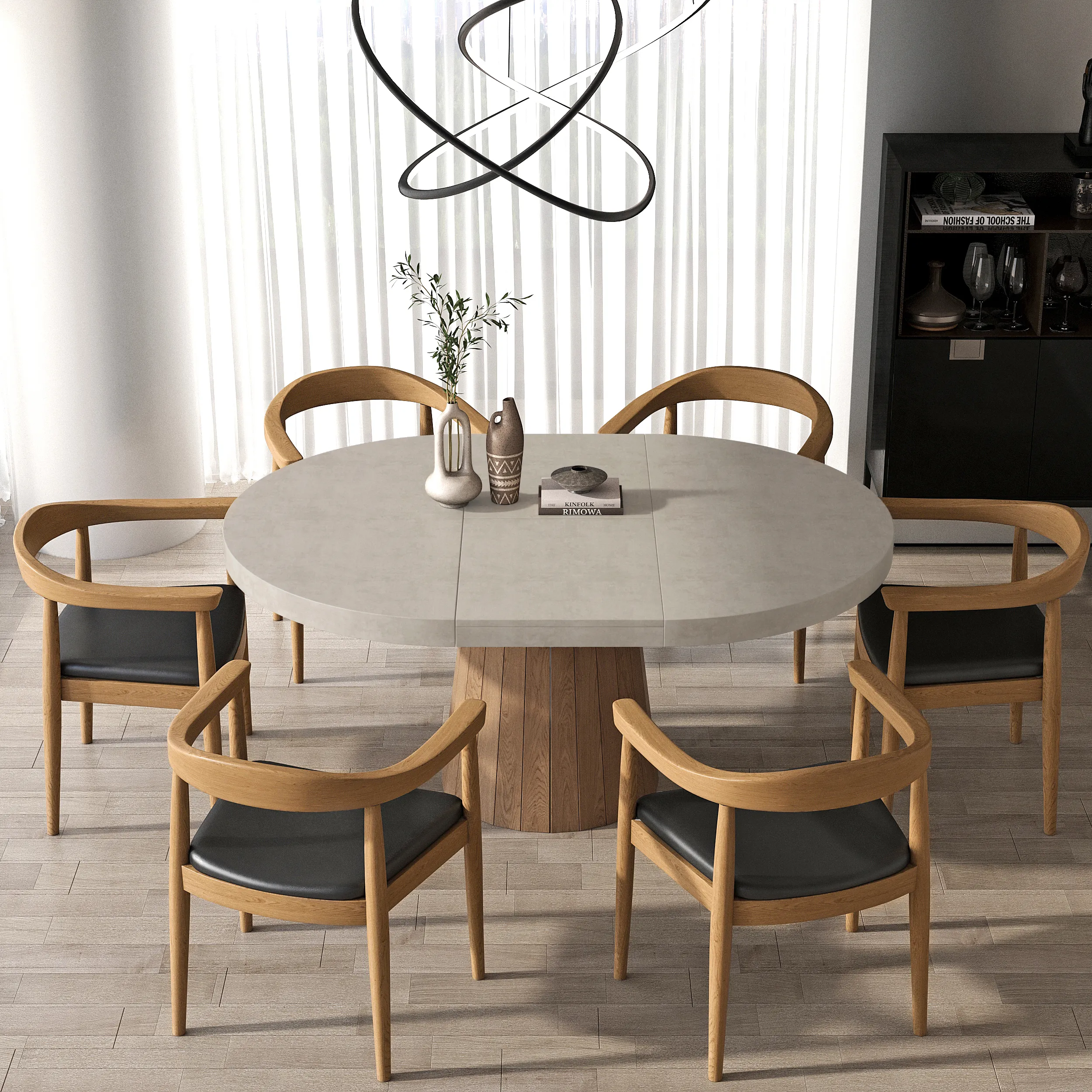 Japandi Round Extendable Dining Table Set - Gray, Walnut