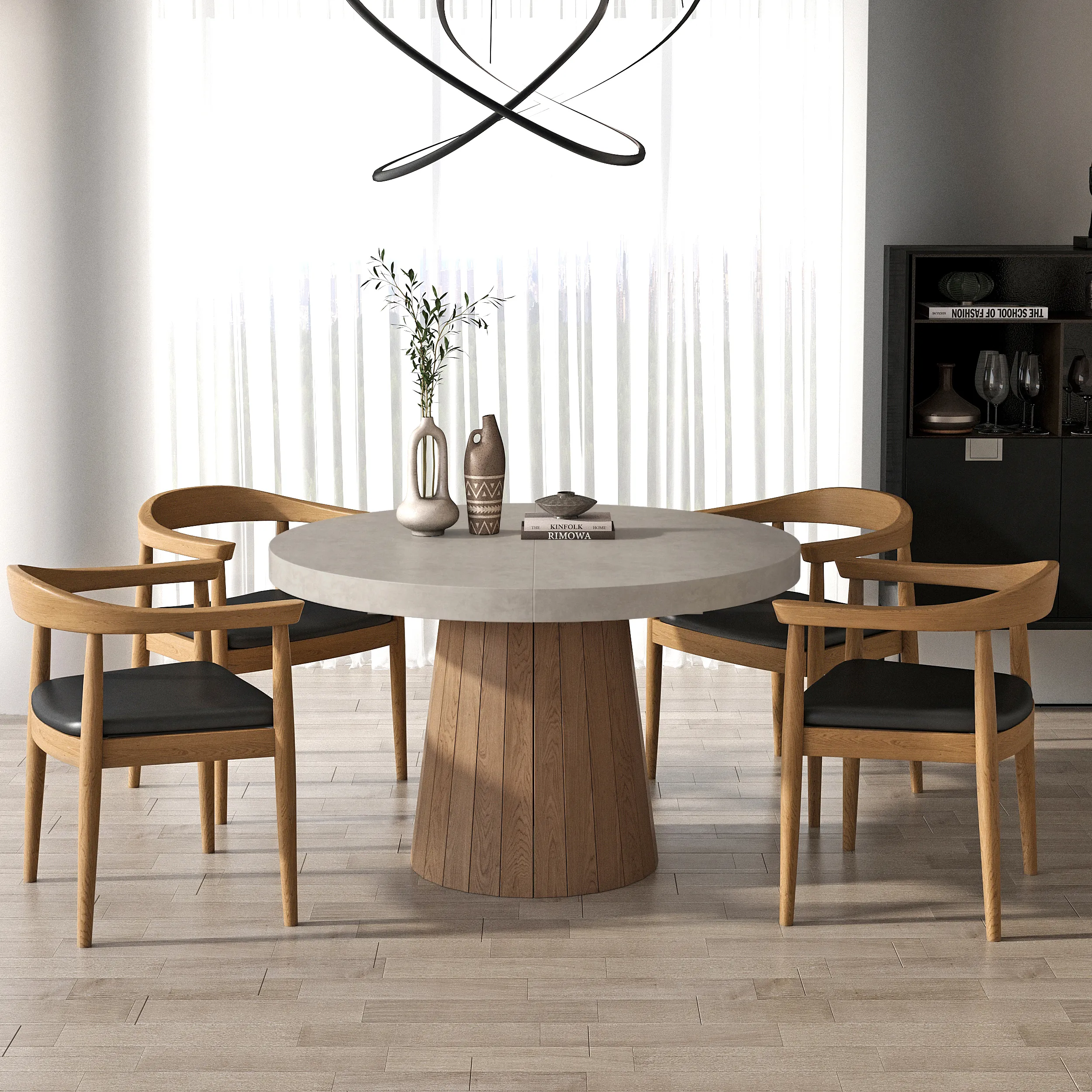 Japandi Round Extendable Dining Table Set - Gray, Walnut