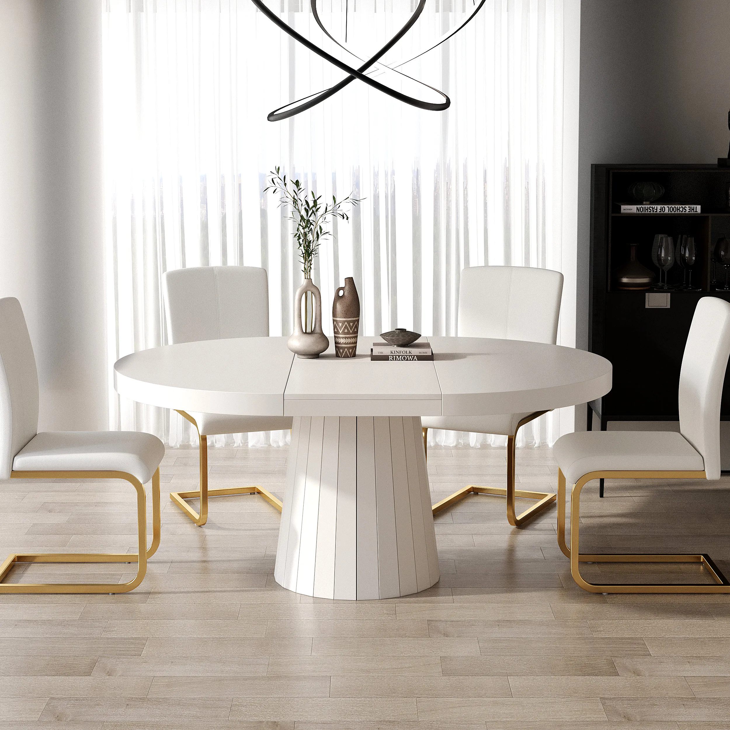 Japandi Round Extendable Dining Table - White