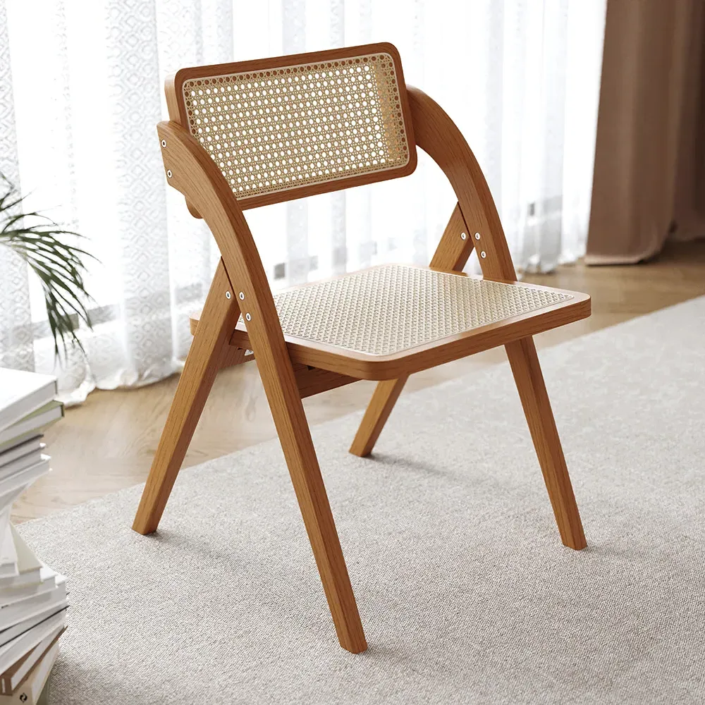 Japandi Walnut Folding Dining Chair Set of 8 - Walnut, Rattan