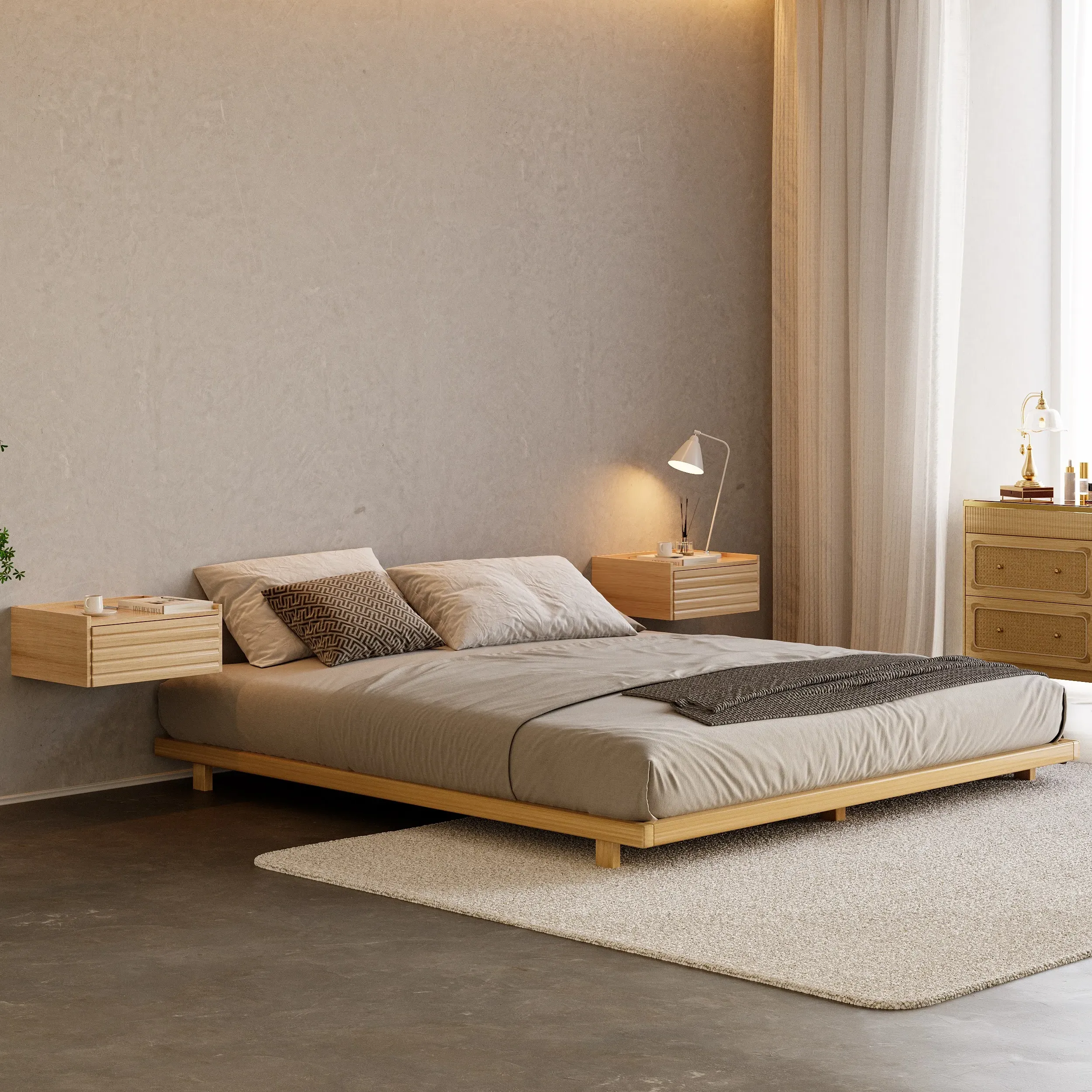 Japanese King Size Low Bed Frame - Natural