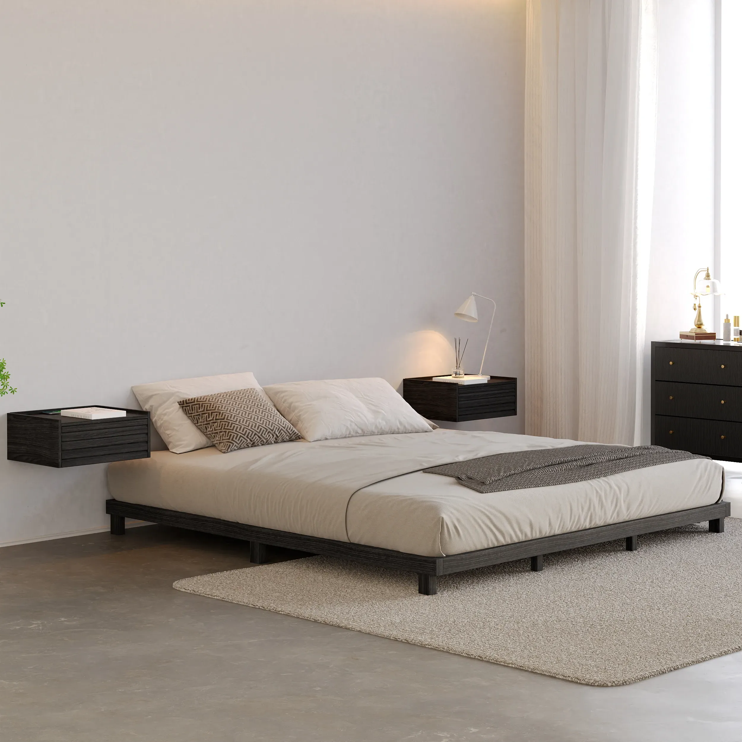 Japanese King Size Low Bed Frame - Whitewash