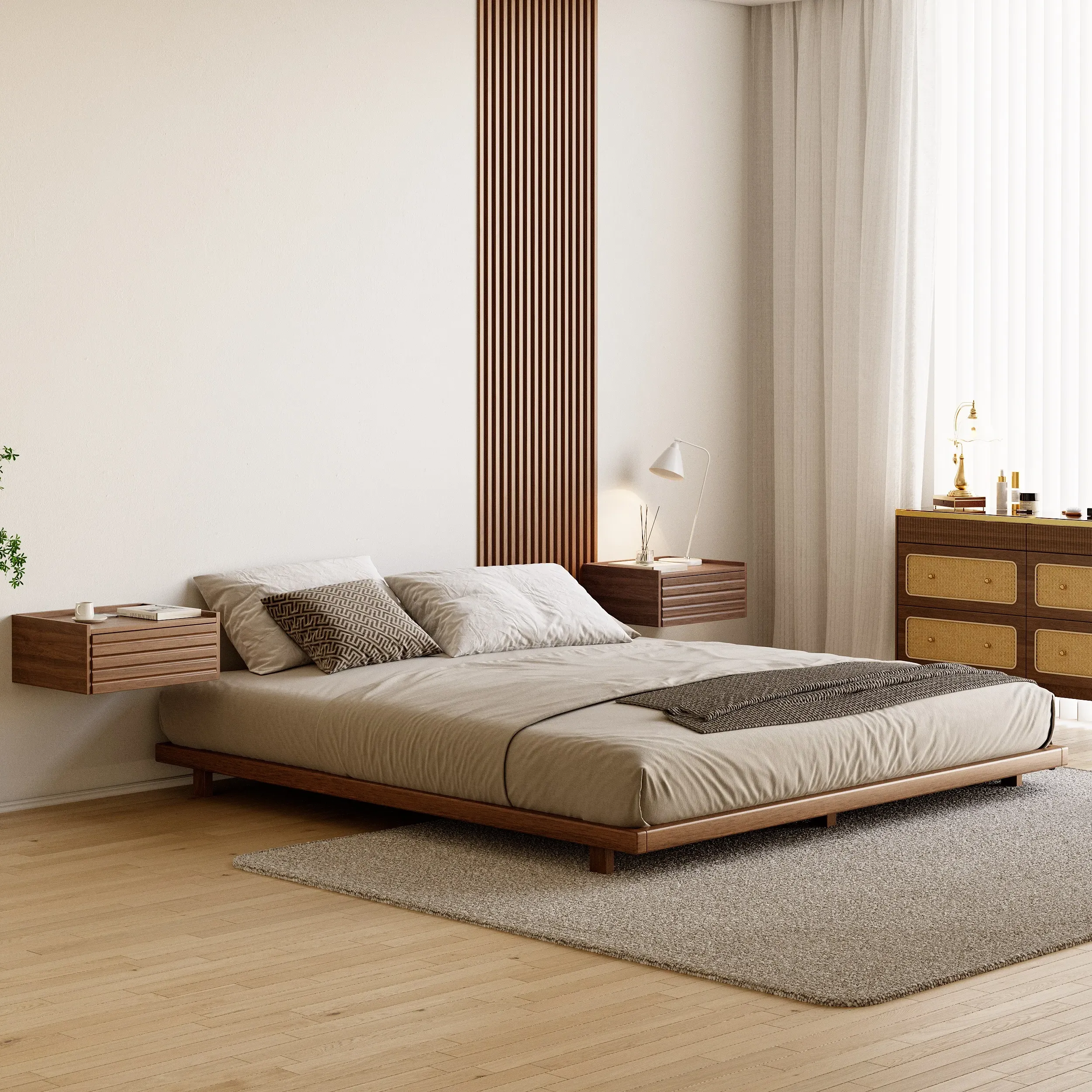 Japanese Queen Size Low Bed Frame - Walnut image