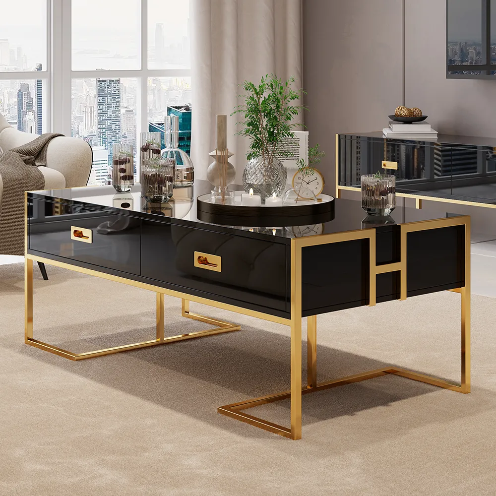 Jocise Rectangular Coffee Table with Drawers - Black, Lacquer image