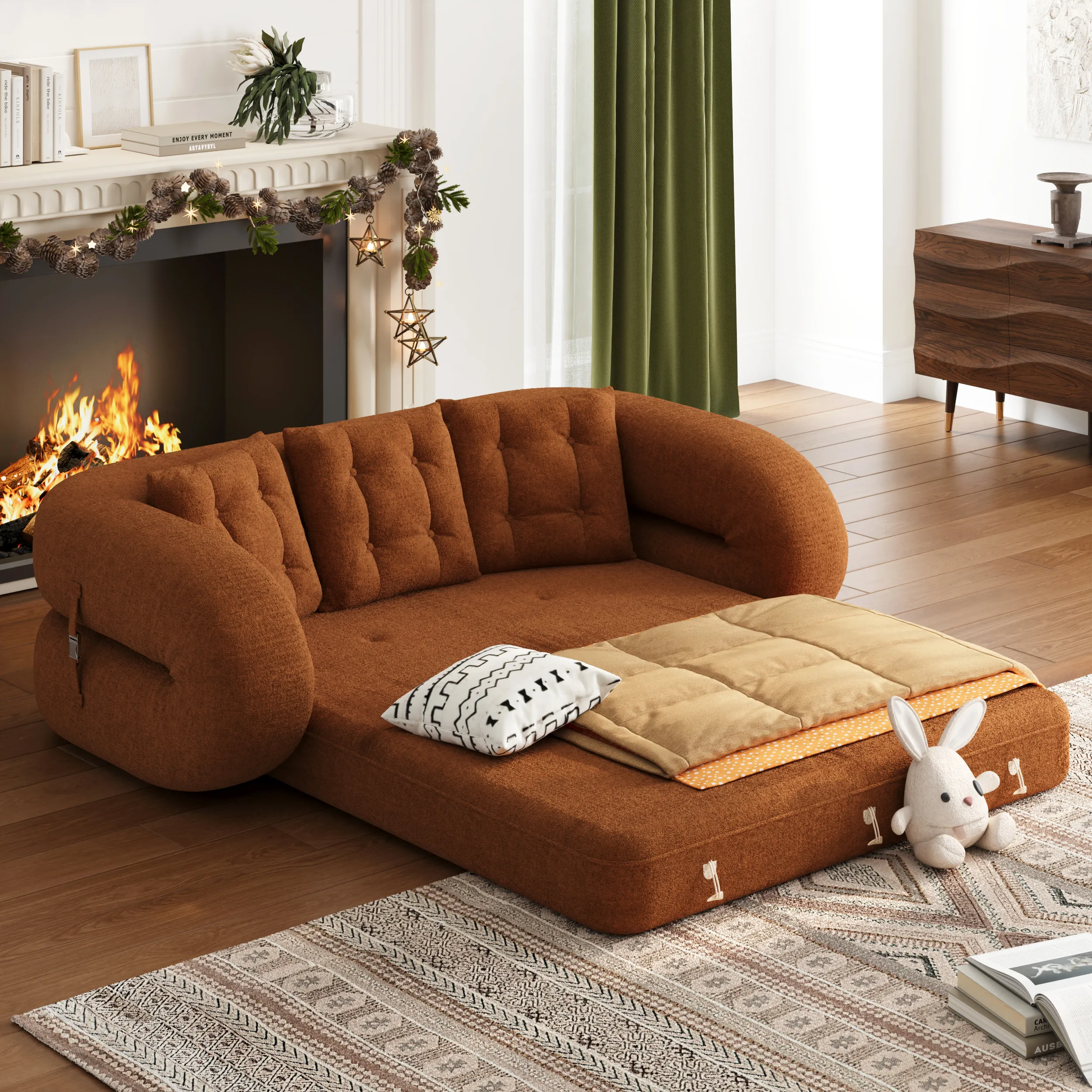 King Size 3-Seater Convertible Sleeper Sofa - Brown, Chenille Velvet