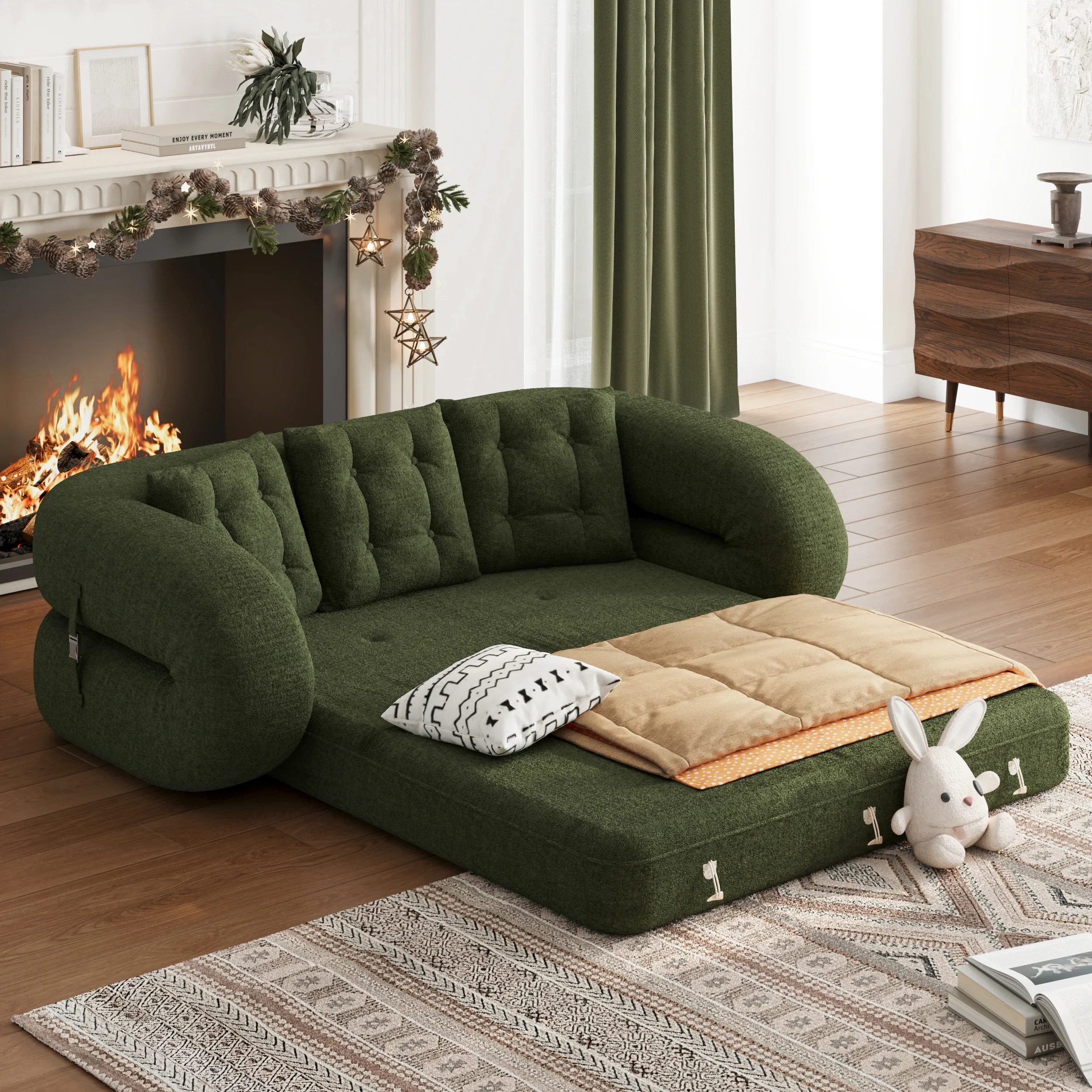 King Size 3-Seater Convertible Sleeper Sofa - Green, Chenille Velvet