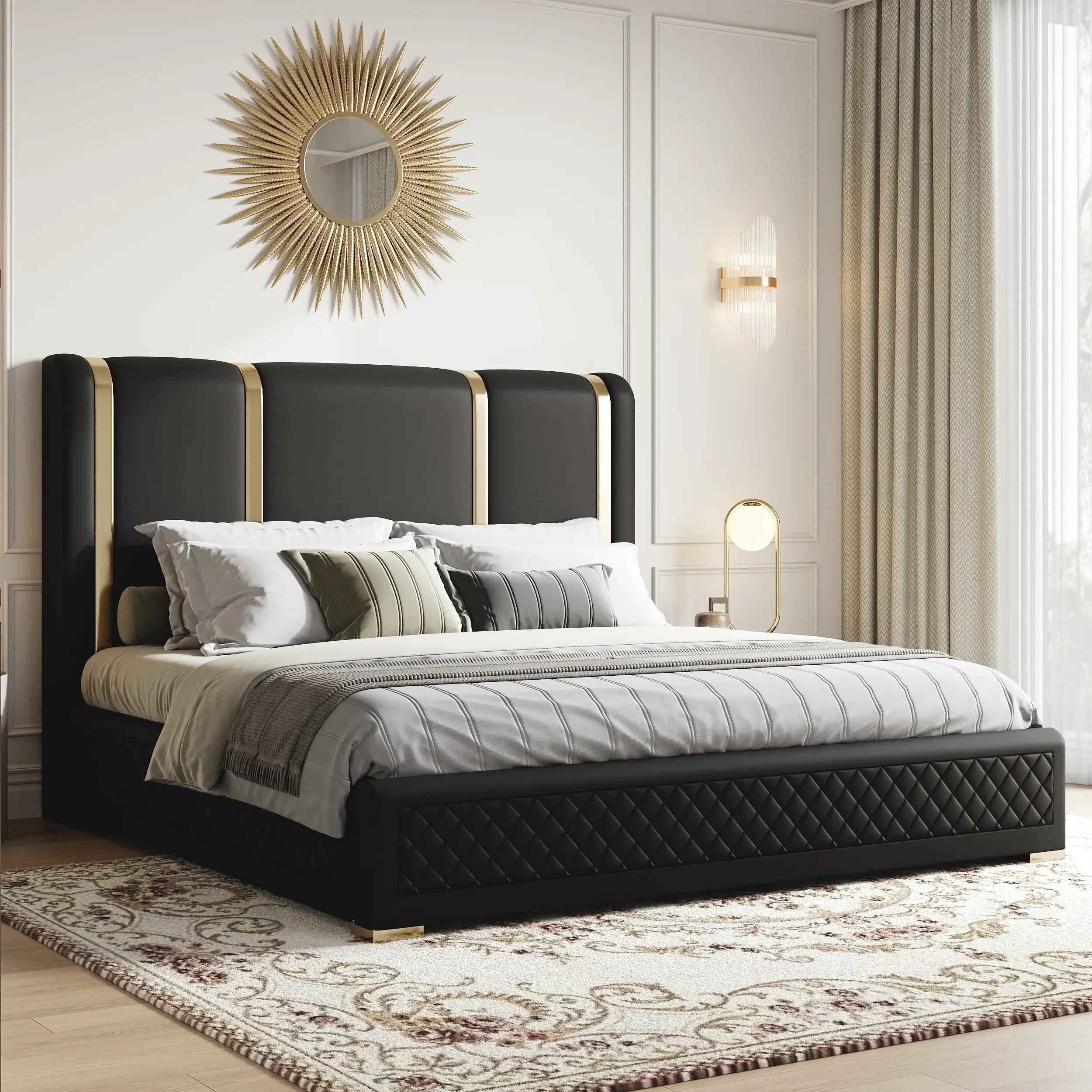 King Size Bed Frame with Adjustable Headboard - Black, Faux Leather image