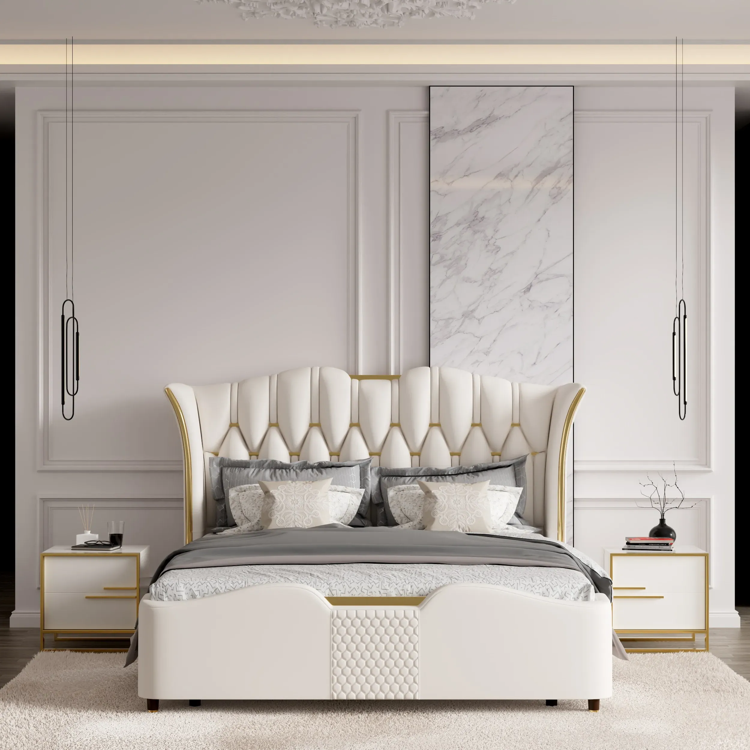 King Size Bed Frame with Tufted Wingback Headboard