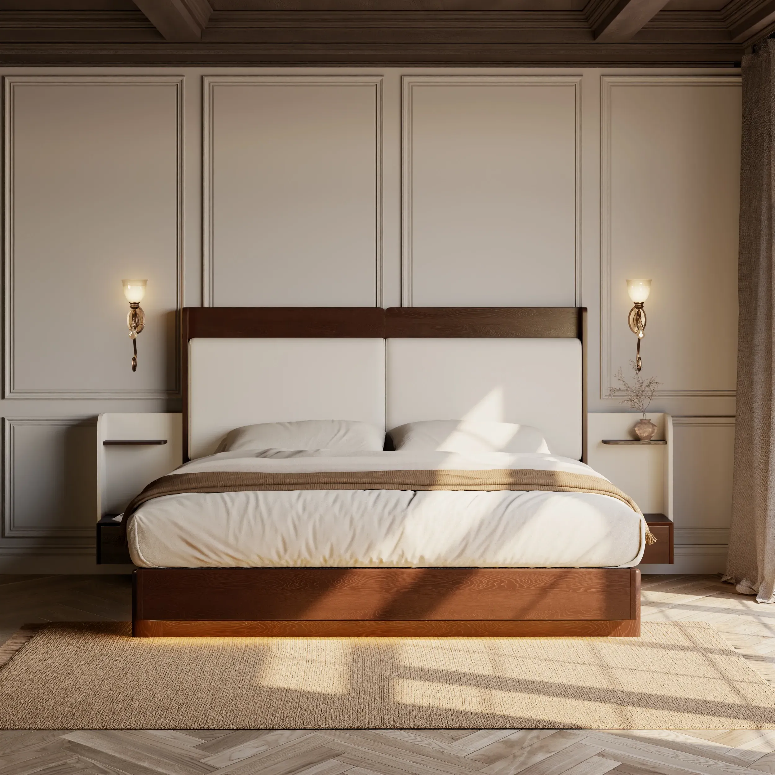 King Size Bed with Extended Headboard & Nightstand Set - Wood image