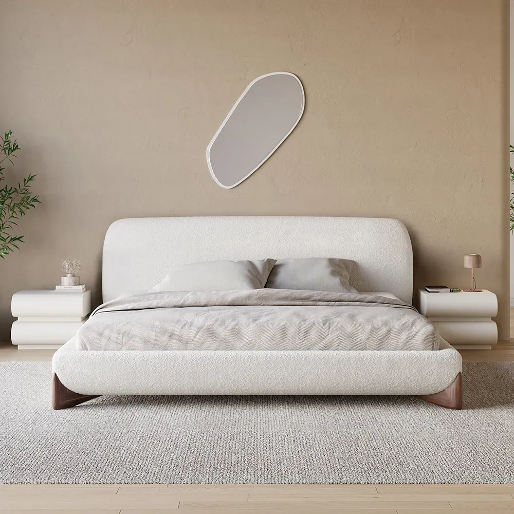 King Size Boucle Platform Bed Frame & 2-Drawer Smart Nightstands - White image