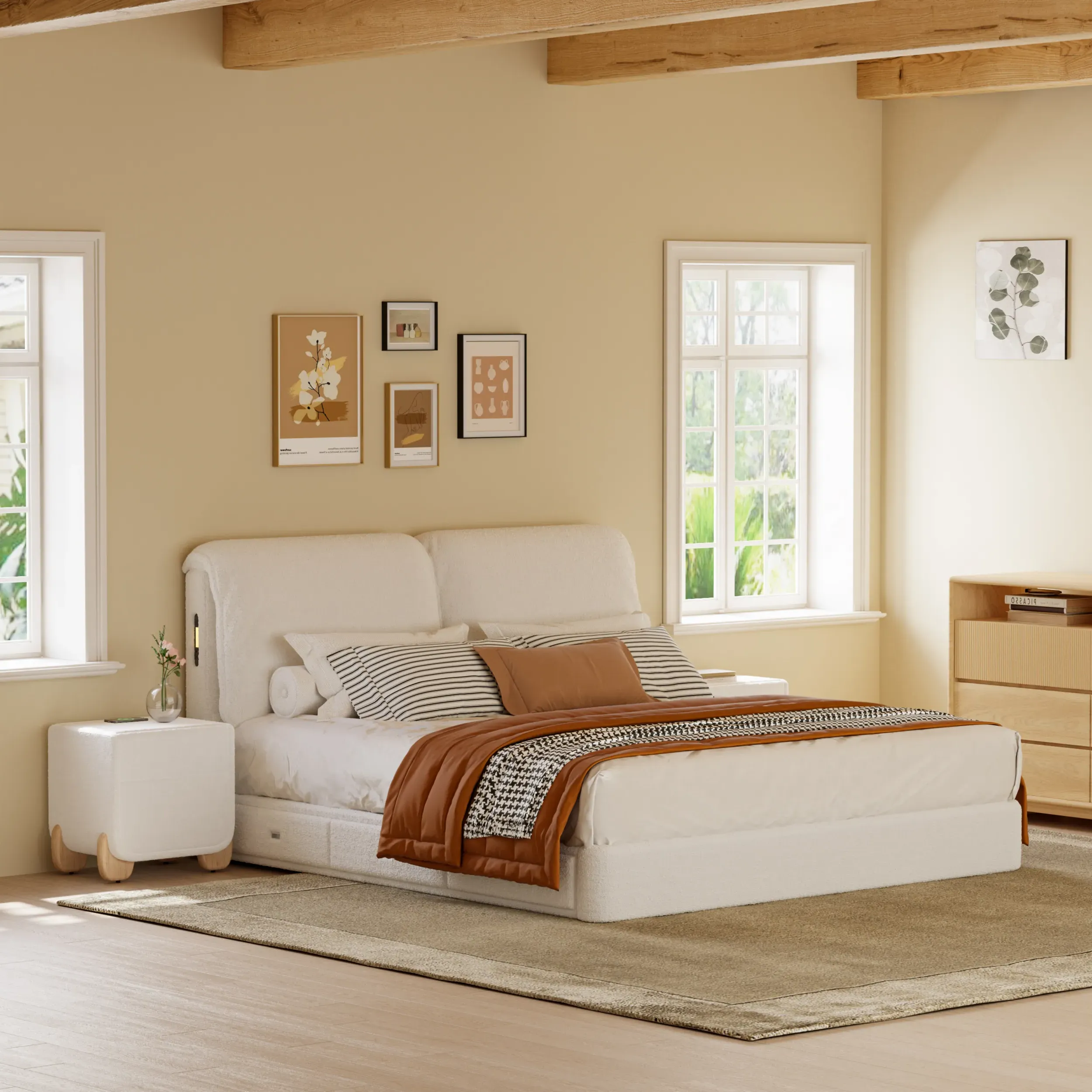 King Size Boucle Storage Bed with Light & Charging Station image