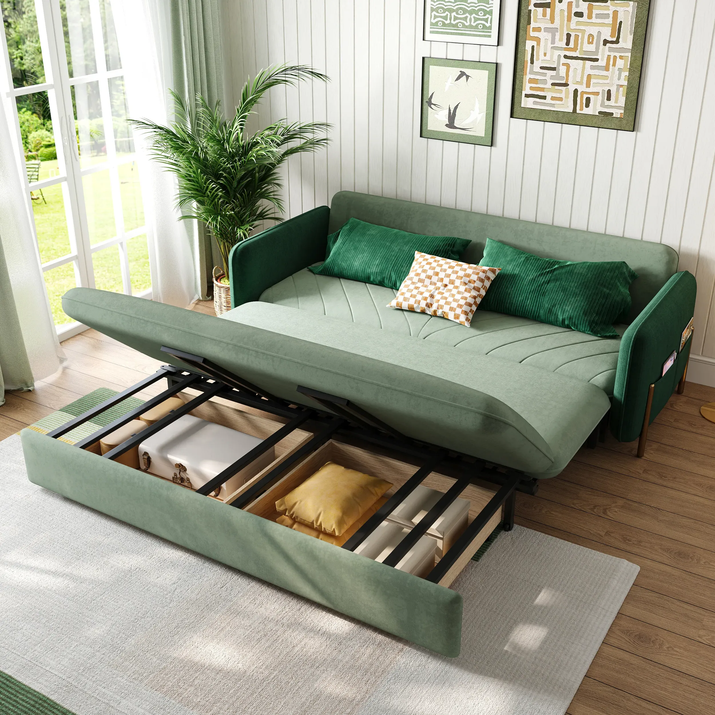 King Size Daybed with Trundle & Storage - Green, Velvet