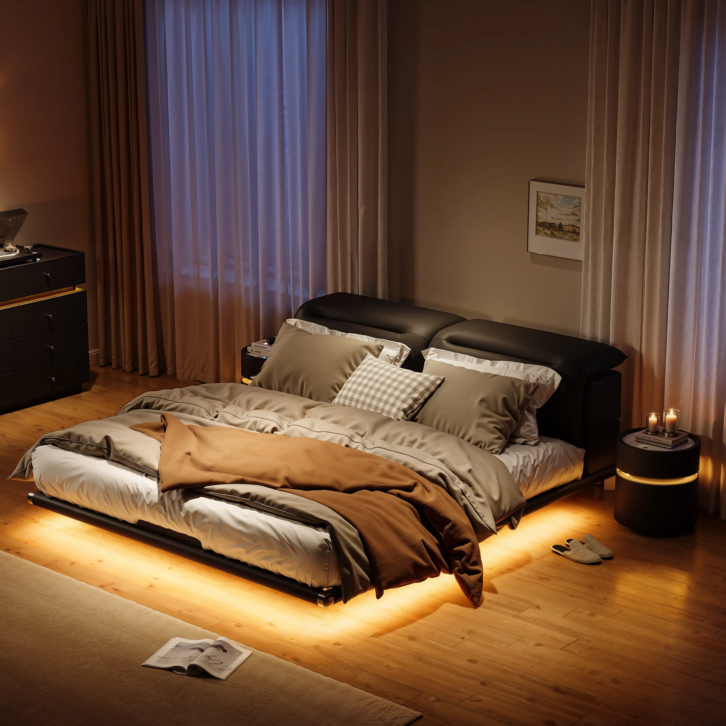 King Size Floating Bed Frame with Light & Adjustable Headboard